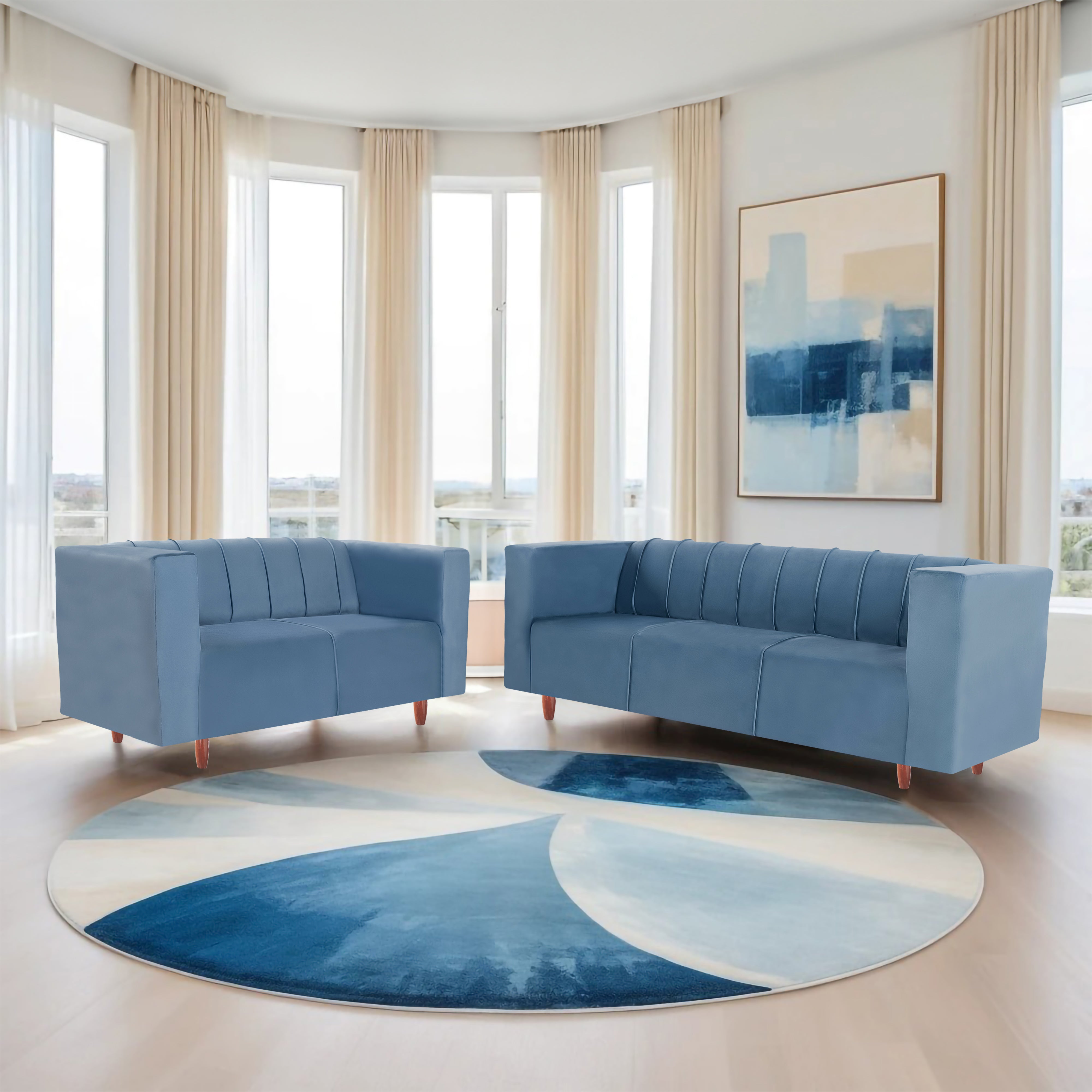 Sydney 5 Seater Sofa- (3+2) ( Premium Holland Fabric - Sky Blue)