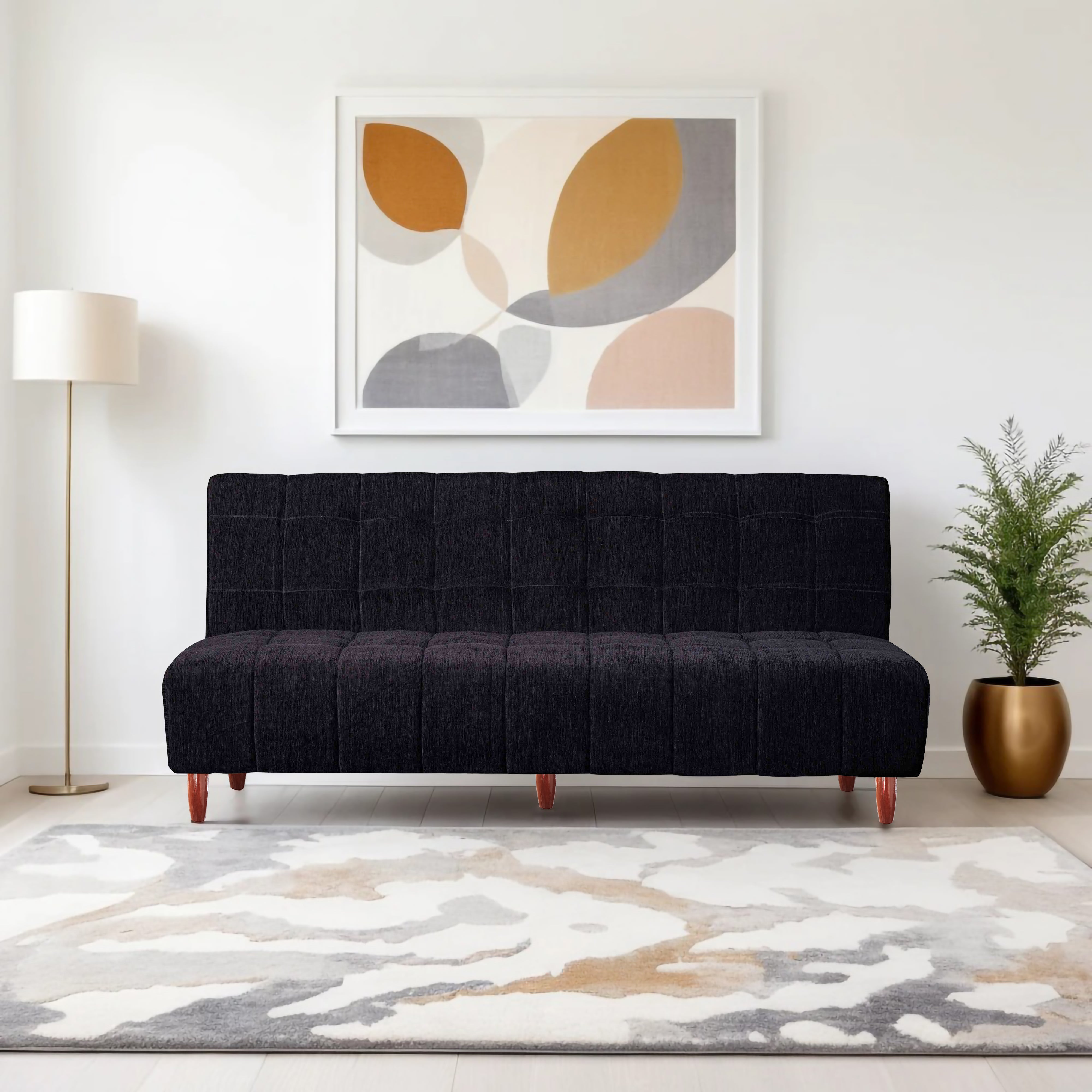 Florida 3 Seater Wooden Sofa Cum Bed - ( Premium Molfino Fabric- Black )