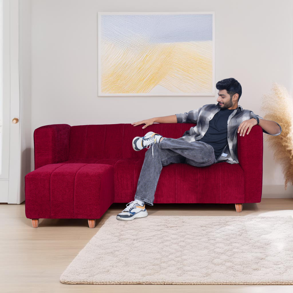 Tokyo 4 Seater Sofa with Ottoman- ( Premium Molfino Fabric- Maroon )