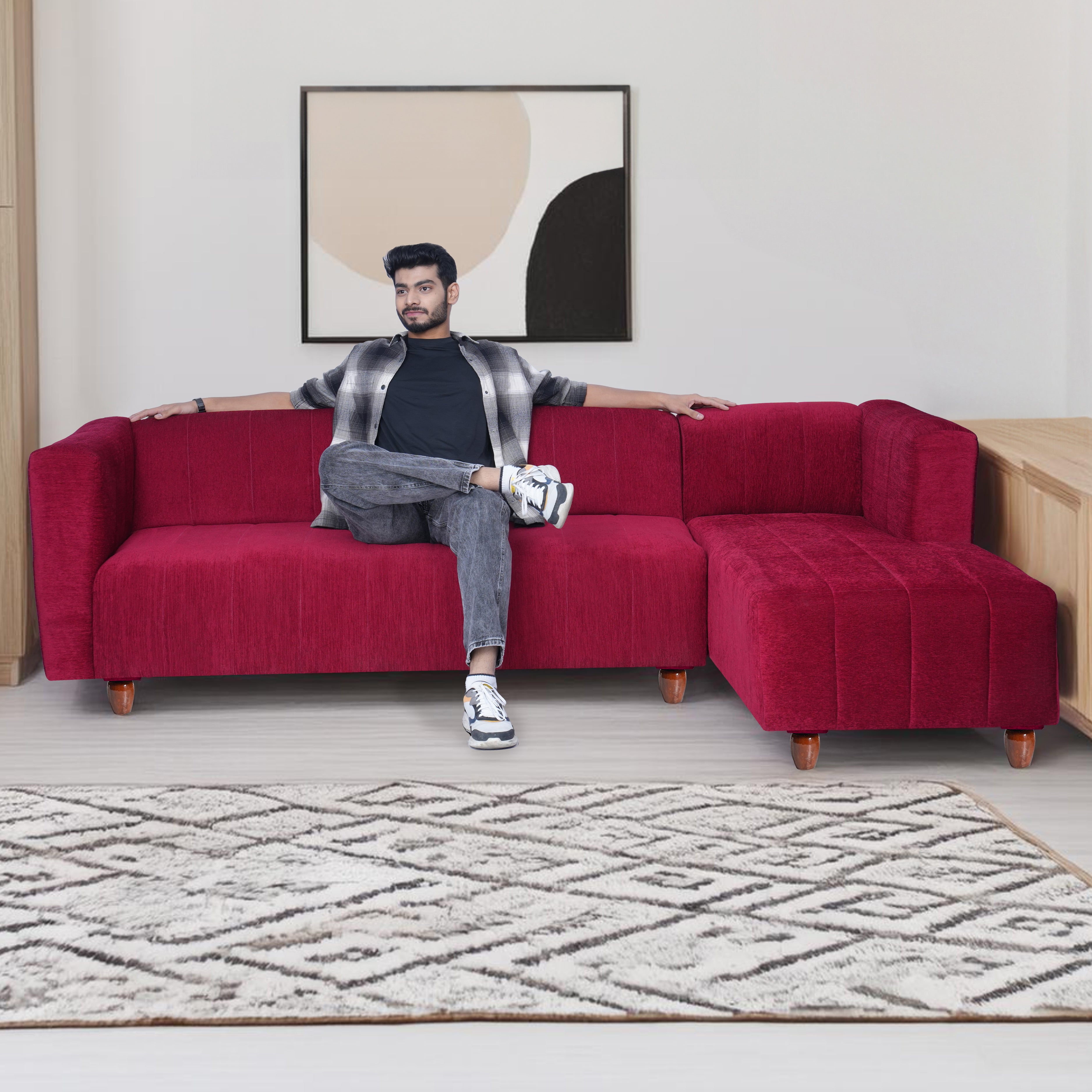 Tokyo 6 Seater Sofa Right Corner- ( Premium Molfino Fabric- Maroon )