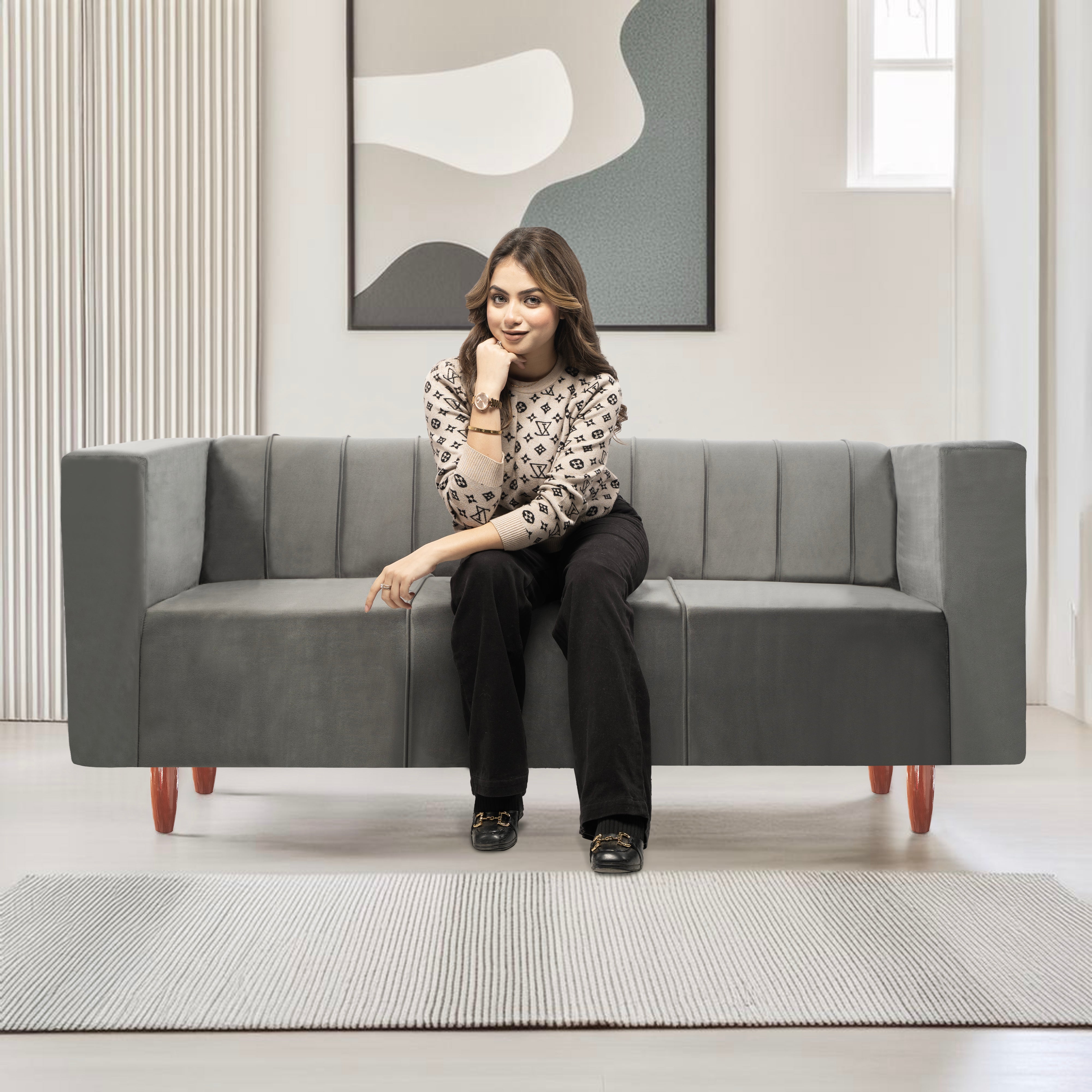 Sydney 3 Seater Sofa- ( Premium Holland Fabric- Grey )