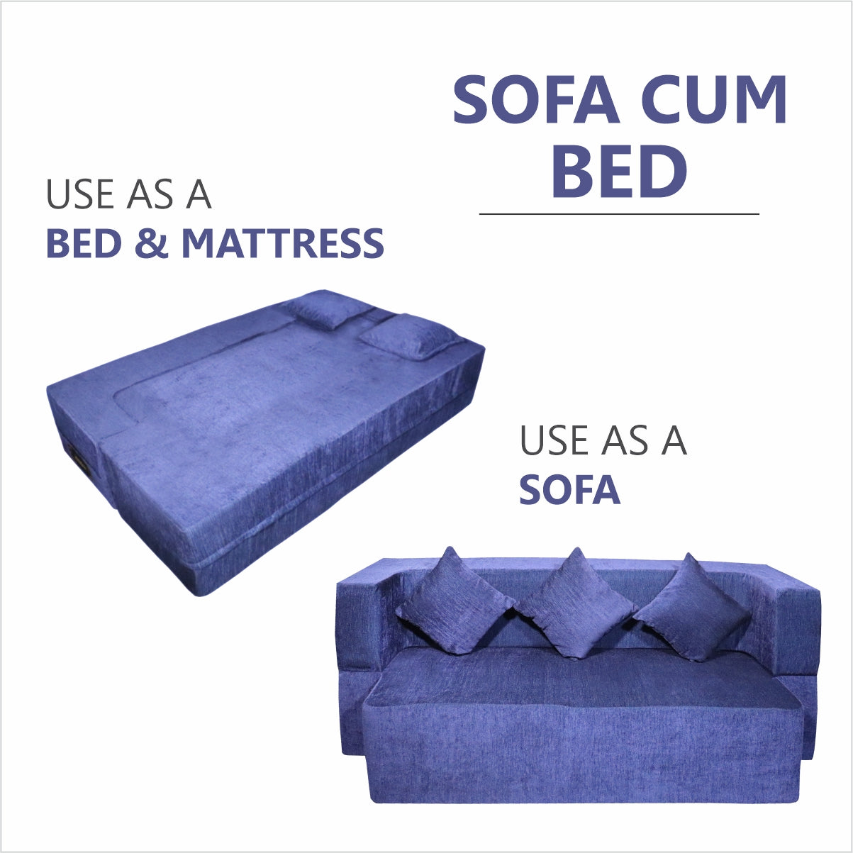 Flipper X Sofa Cum Bed - 3  Seater, Plain Cushion ( Premium Molfino Fabric, Blue)