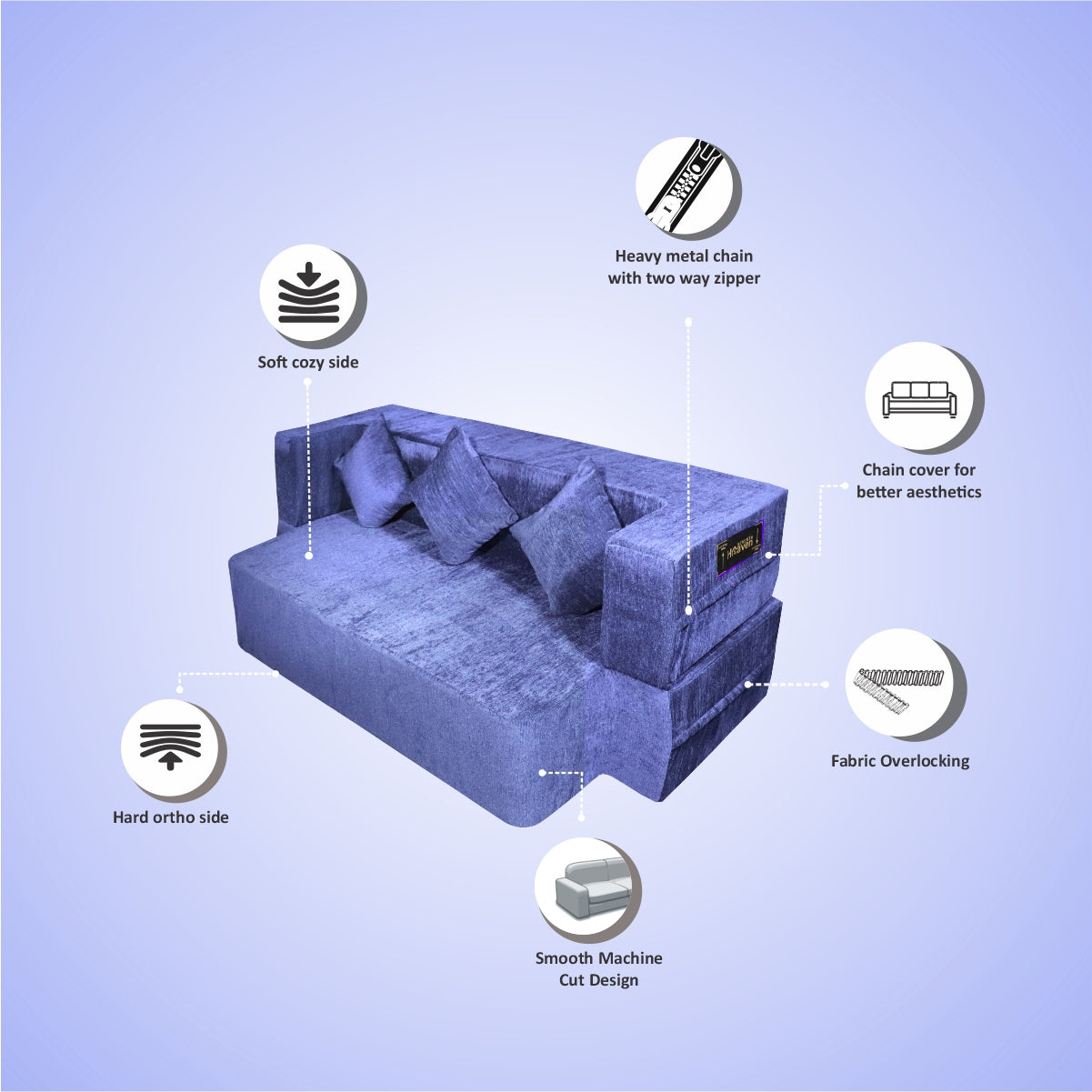 Flipper X Sofa Cum Bed - 3  Seater, Plain Cushion ( Premium Molfino Fabric, Blue)