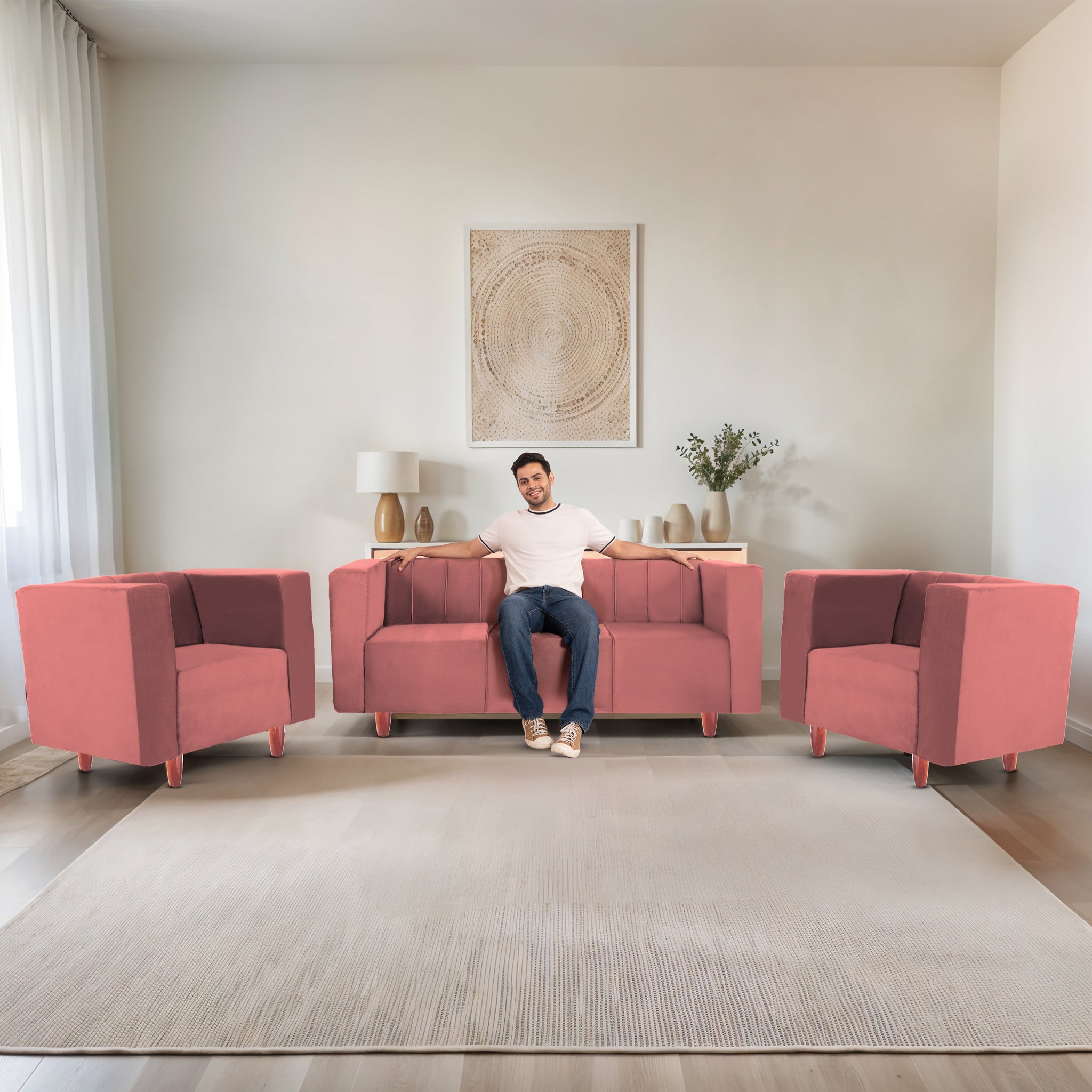 Sydney 5 Seater Sofa- (3+1+1) ( Premium Holland Fabric - Peach)