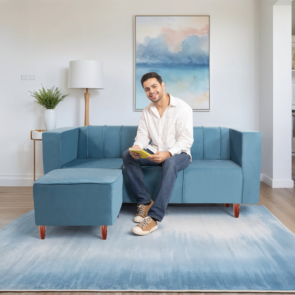 Sydney 4 Seater Sofa with Ottoman- ( Premium Holland Fabric- Sky Blue )