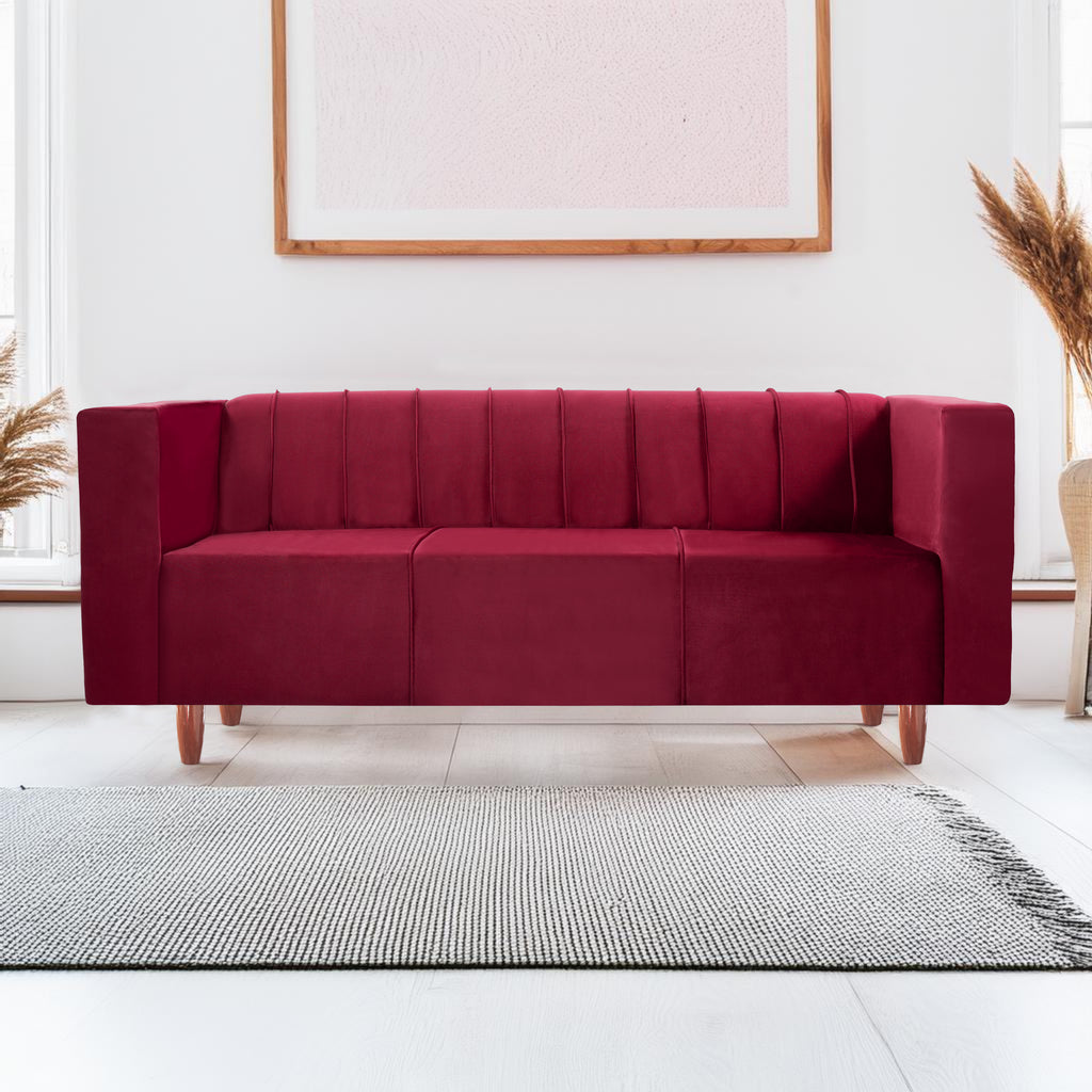 Sydney 3 Seater Sofa- ( Plush Suede Fabric- Maroon )
