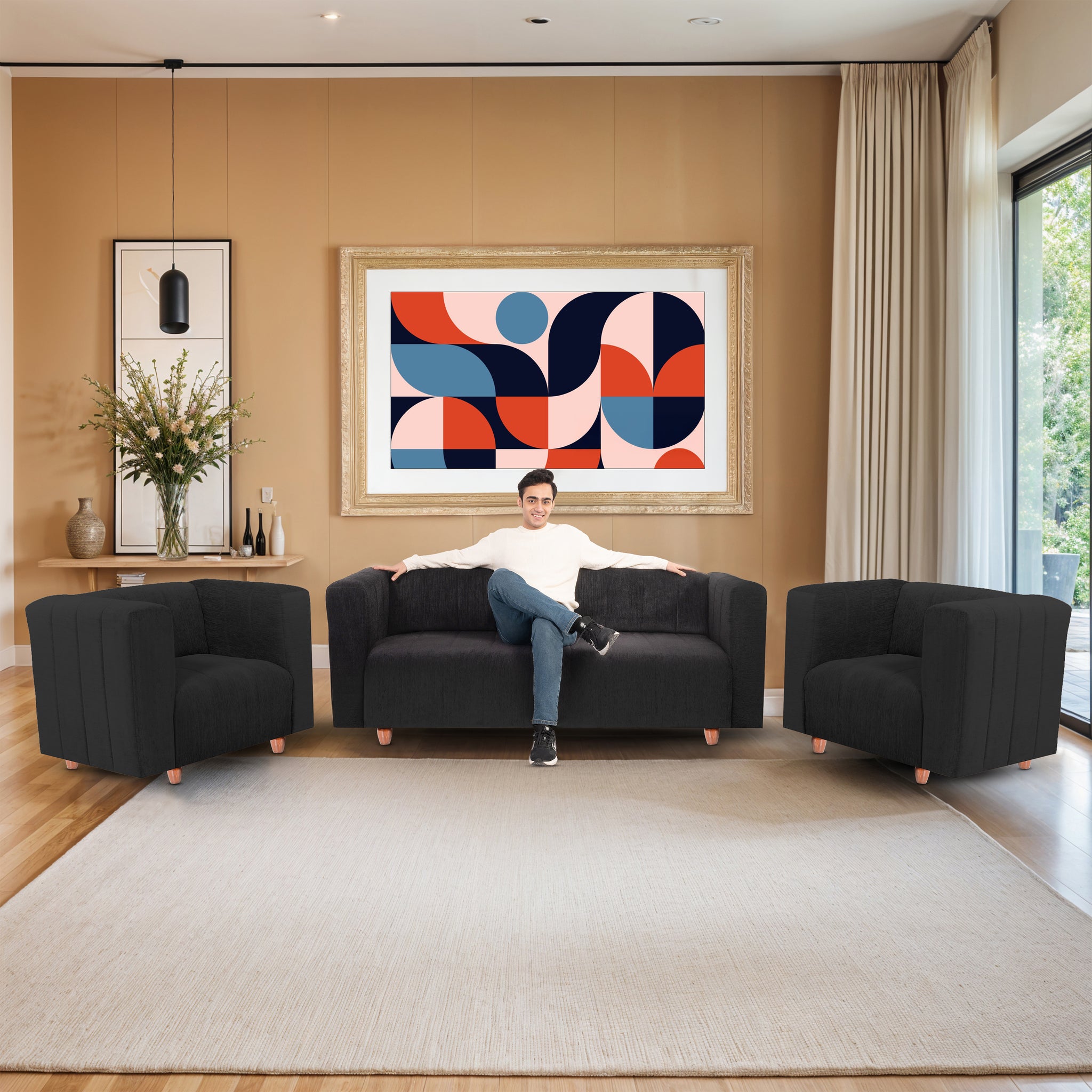 Tokyo 5 Seater Sofa- (3+1+1) ( Premium Molfino Fabric - Black )