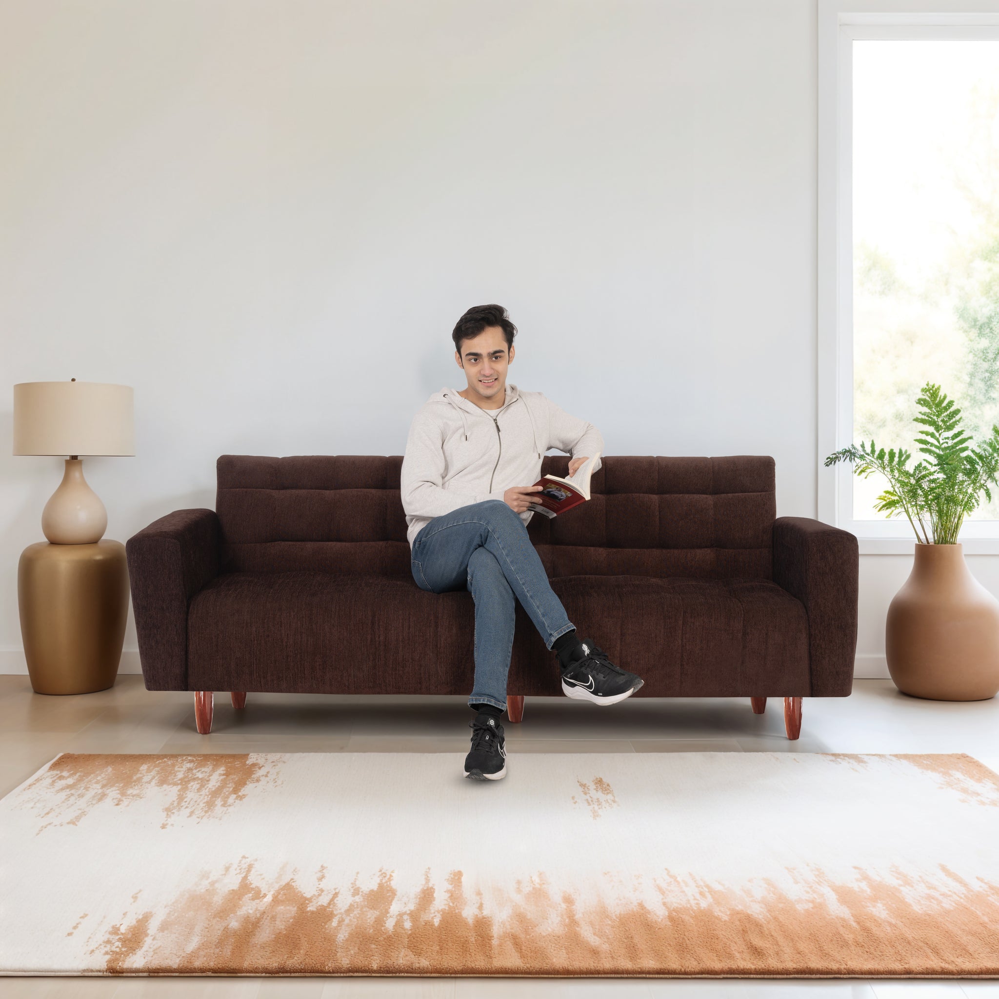 Lisbon Neo 4 Seater Wooden Sofa Cum Bed - ( Premium Molfino Fabric- Brown )