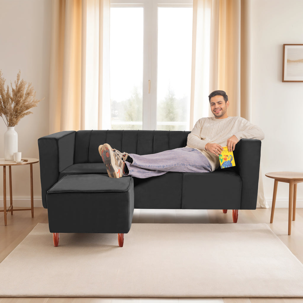 Sydney 4 Seater Sofa with Ottoman- ( Premium Holland Fabric- Black )