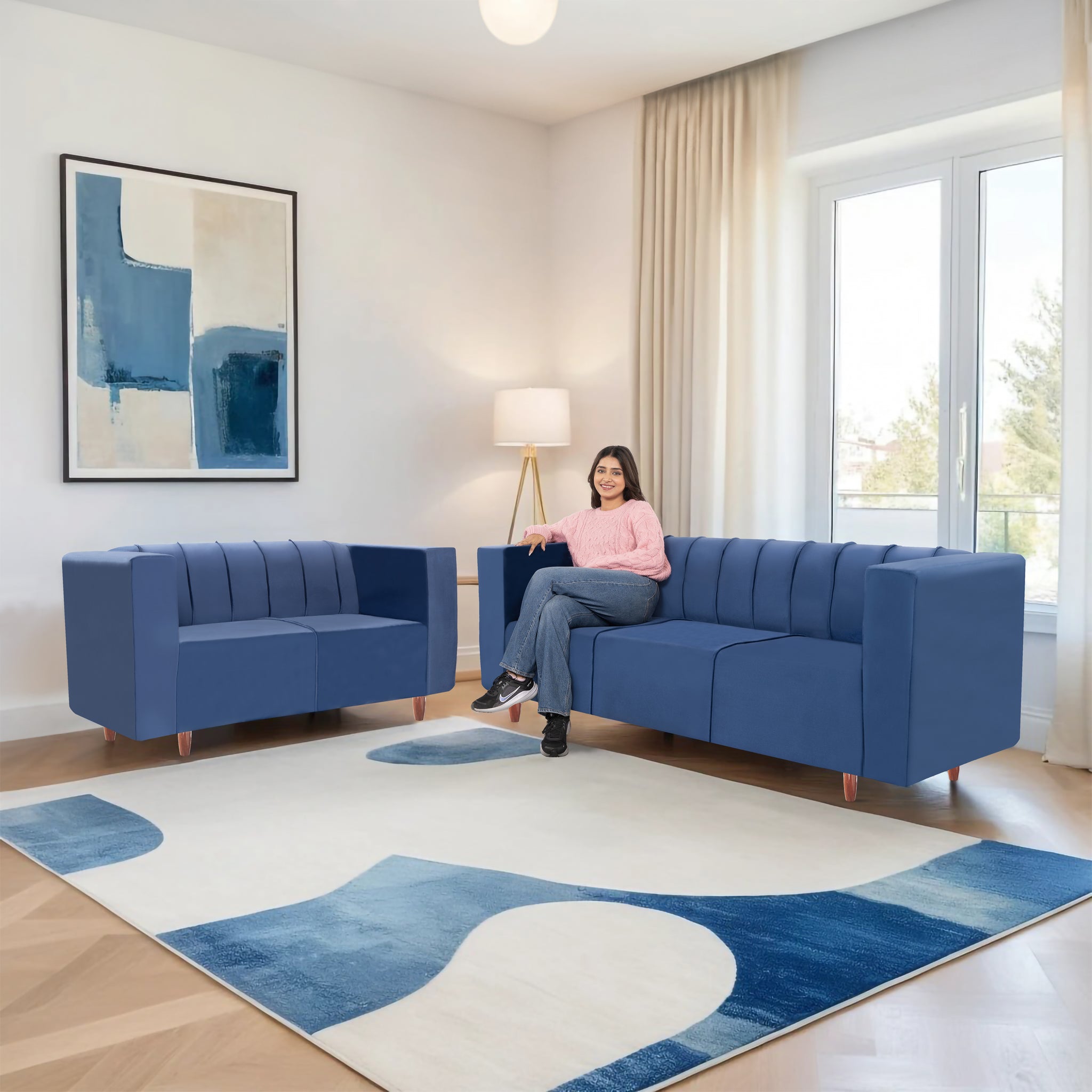 Sydney 5 Seater Sofa- (3+2) ( Premium Holland Fabric - Blue)