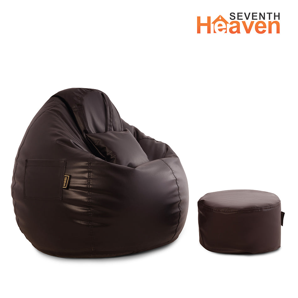 Seventh Heaven 4XL Filled Bean Bag with Cushion and Footrest - Scratch Resistant Premium Leatherite Bean Bag Chair With Bean Filling  (Brown)