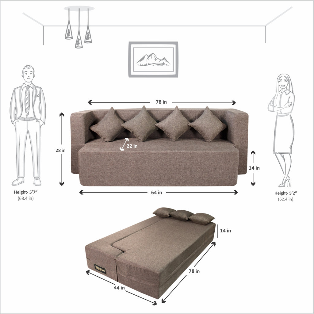 Flipper X Sofa Cum Bed - 4  Seater, Plain Cushion ( Jute Fabric, Brown  )