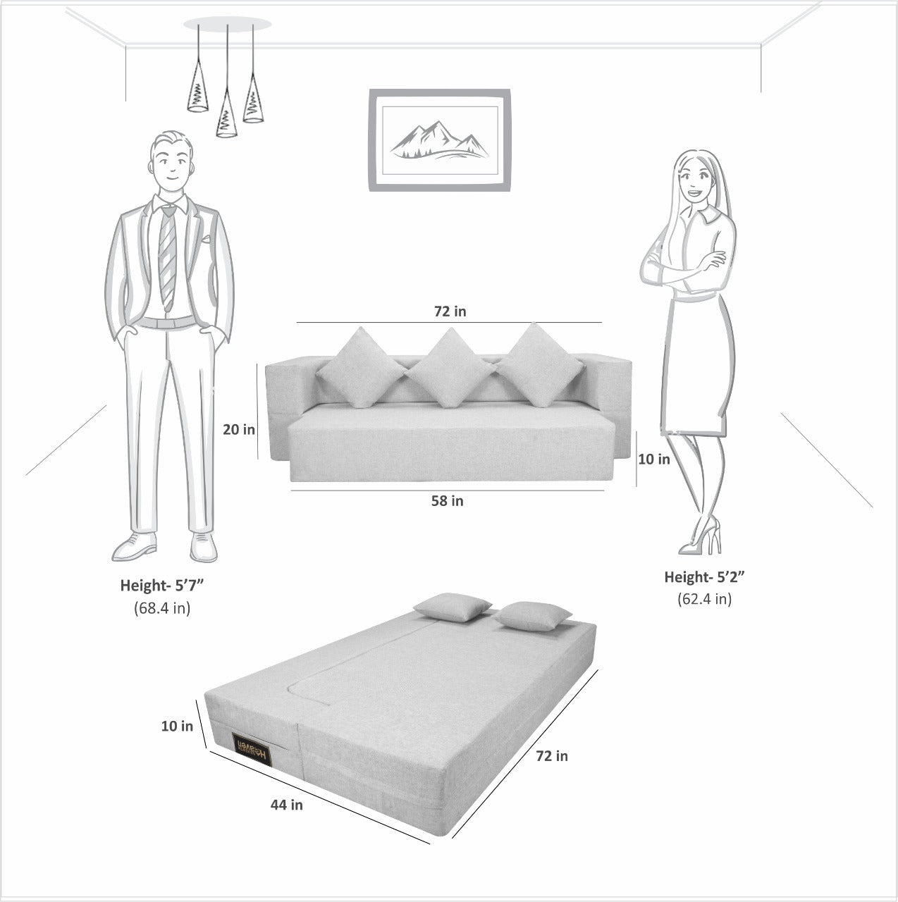 Flipper X Sofa Cum Bed - 3 Seater, Plain Cushion ( Jute Fabric, Grey )