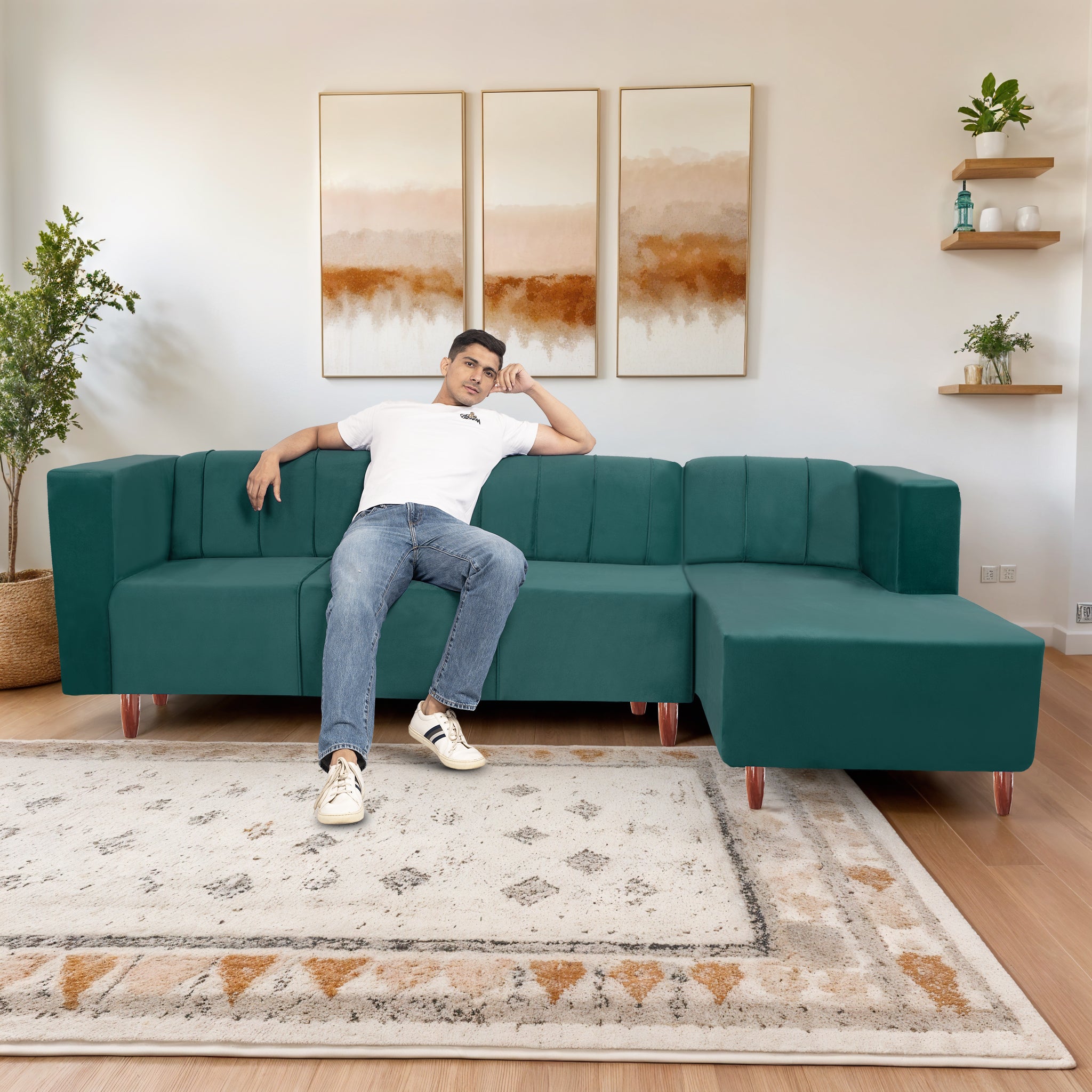 Sydney 6 Seater Sofa Right Corner- ( Polyster Holland Fabric- Teal )