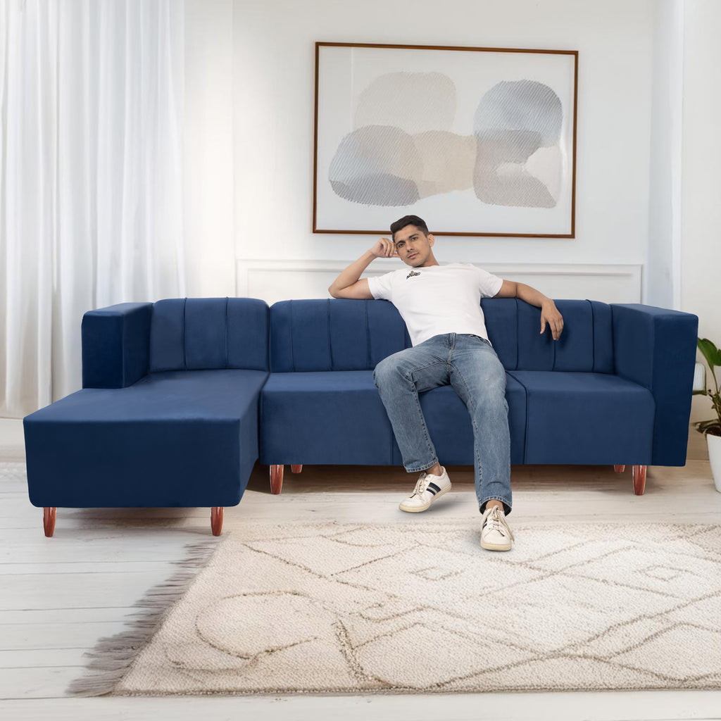 Sydney 6 Seater sofa left corner- ( Plush Suede Fabric- Blue )