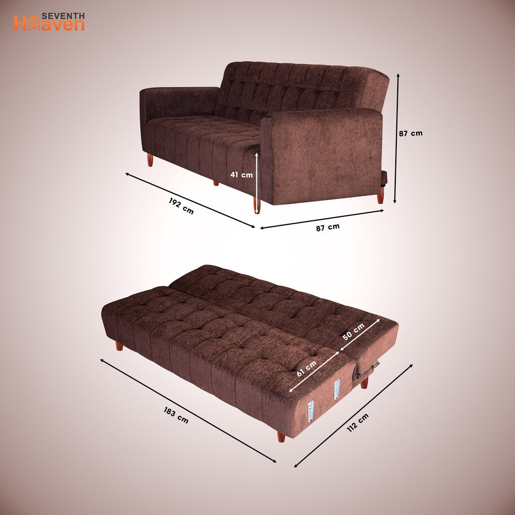 Lisbon 3 Seater Wooden Sofa Cum Bed - ( Premium Molfino Fabric- Brown )