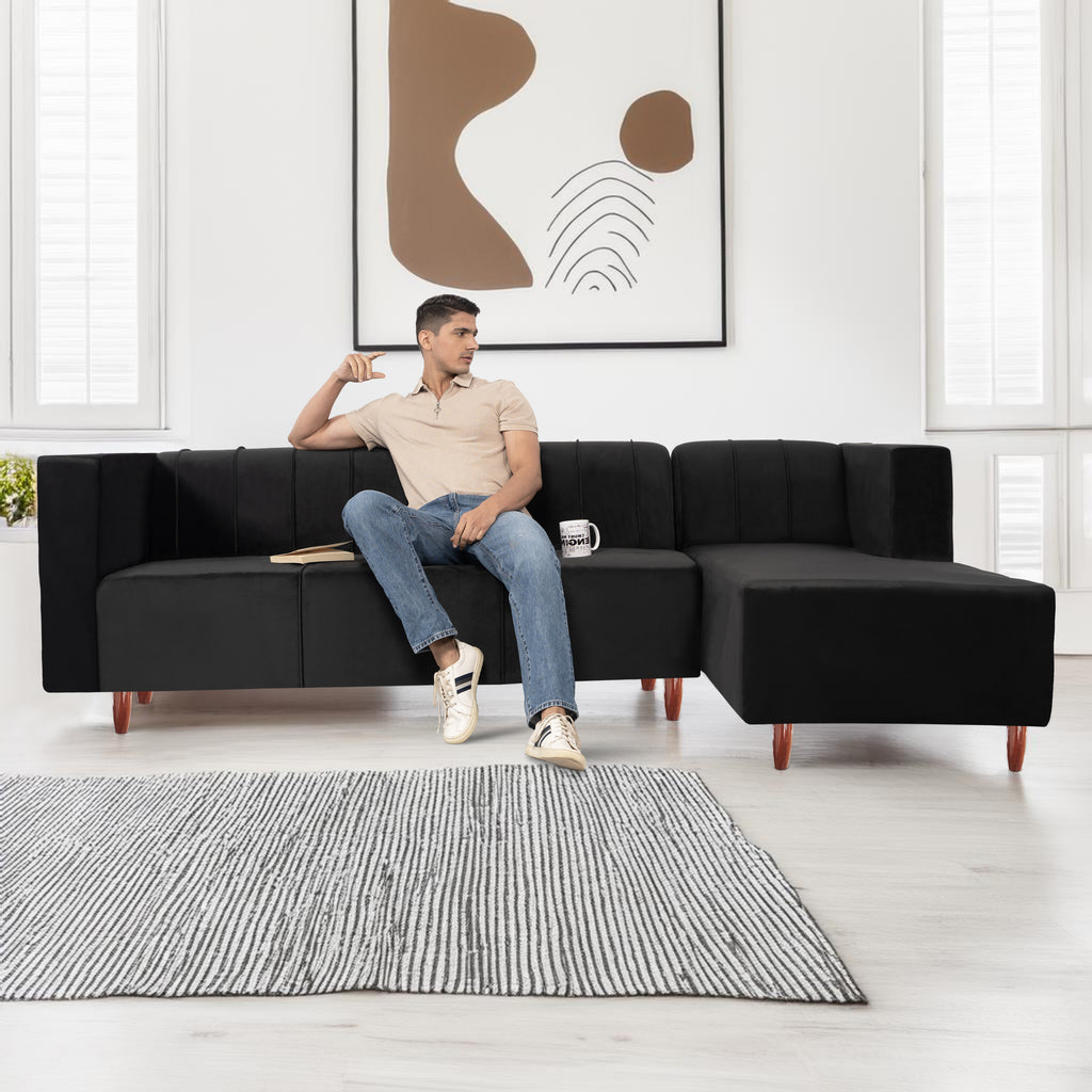Sydney 6 Seater sofa right corner- ( Plush Suede Fabric- Black )