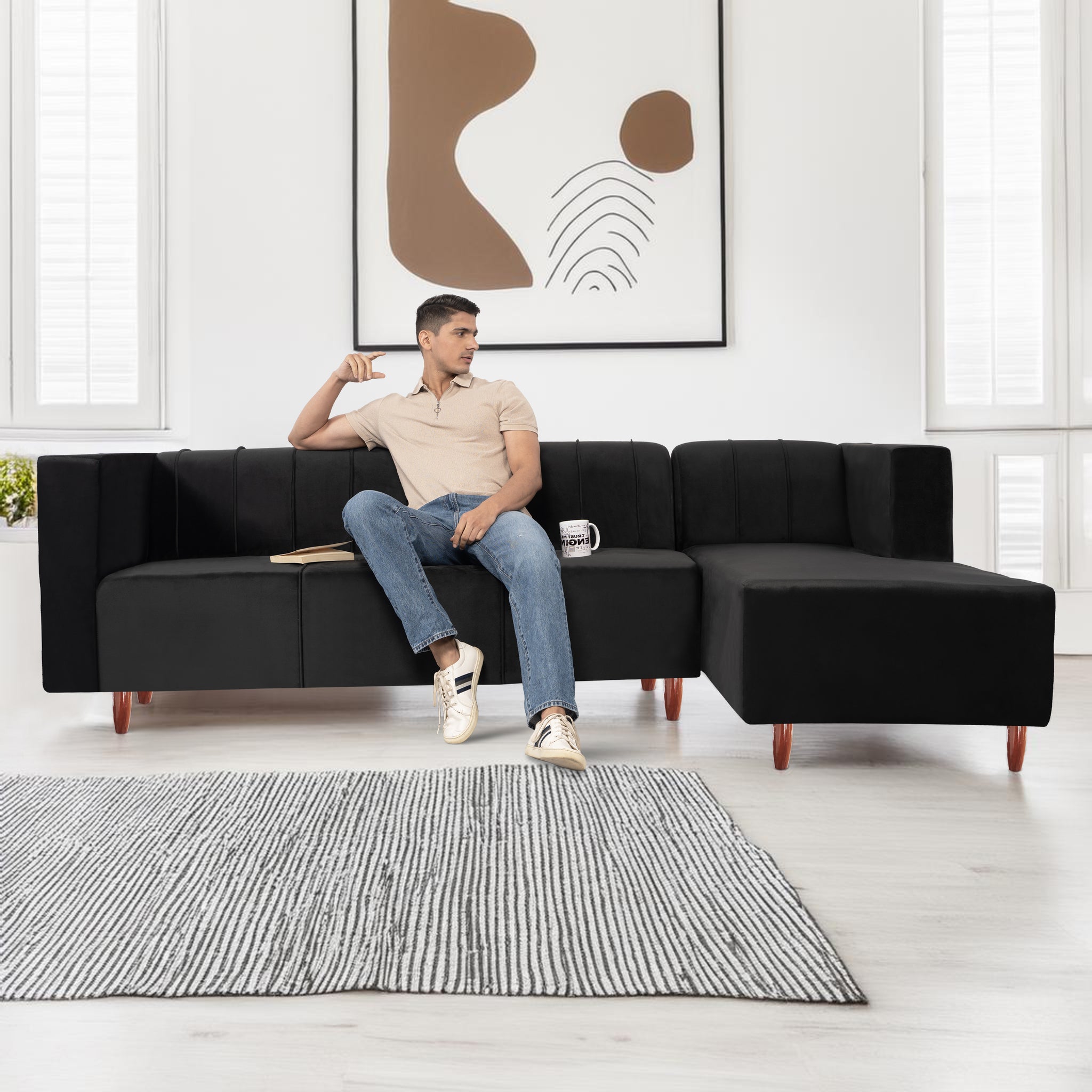 Sydney 6 Seater sofa right corner- ( Plush Suede Fabric- Black )