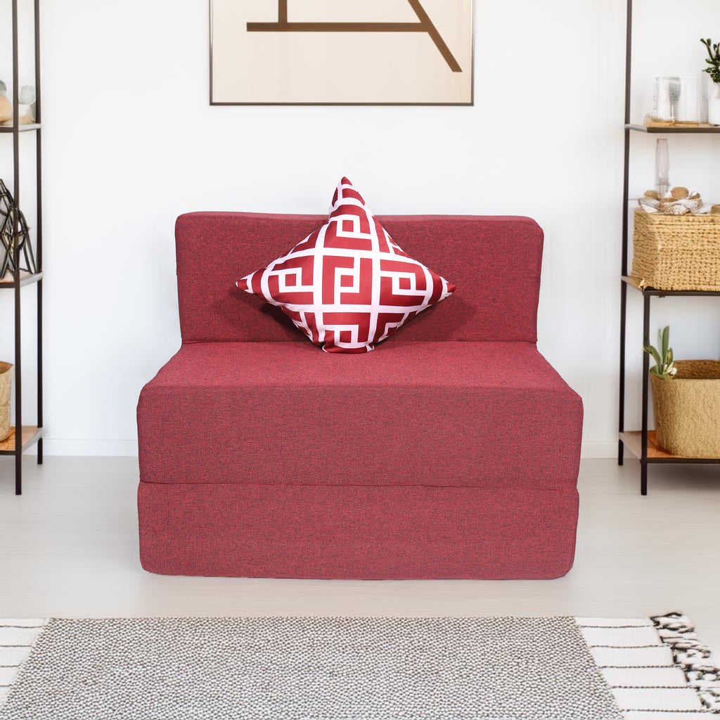 Seventh Heaven 1 Seater 6×3  Premium Jute Fabric Washable Cover Sofa cum Bed 1 Seater Double Foam Fold Out Sofa Cum Bed with 1 Printed Cushion  (Finish Color - Maroon Delivery Condition - Pre-assembled)