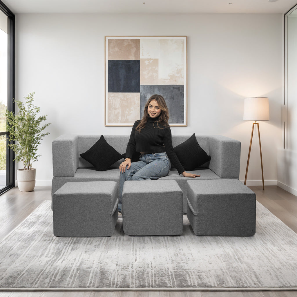 Flipper X Sofa Cum Bed - 3 Seater With 3 Ottoman - Plain Cushions ( Jute Fabric, Light Grey )