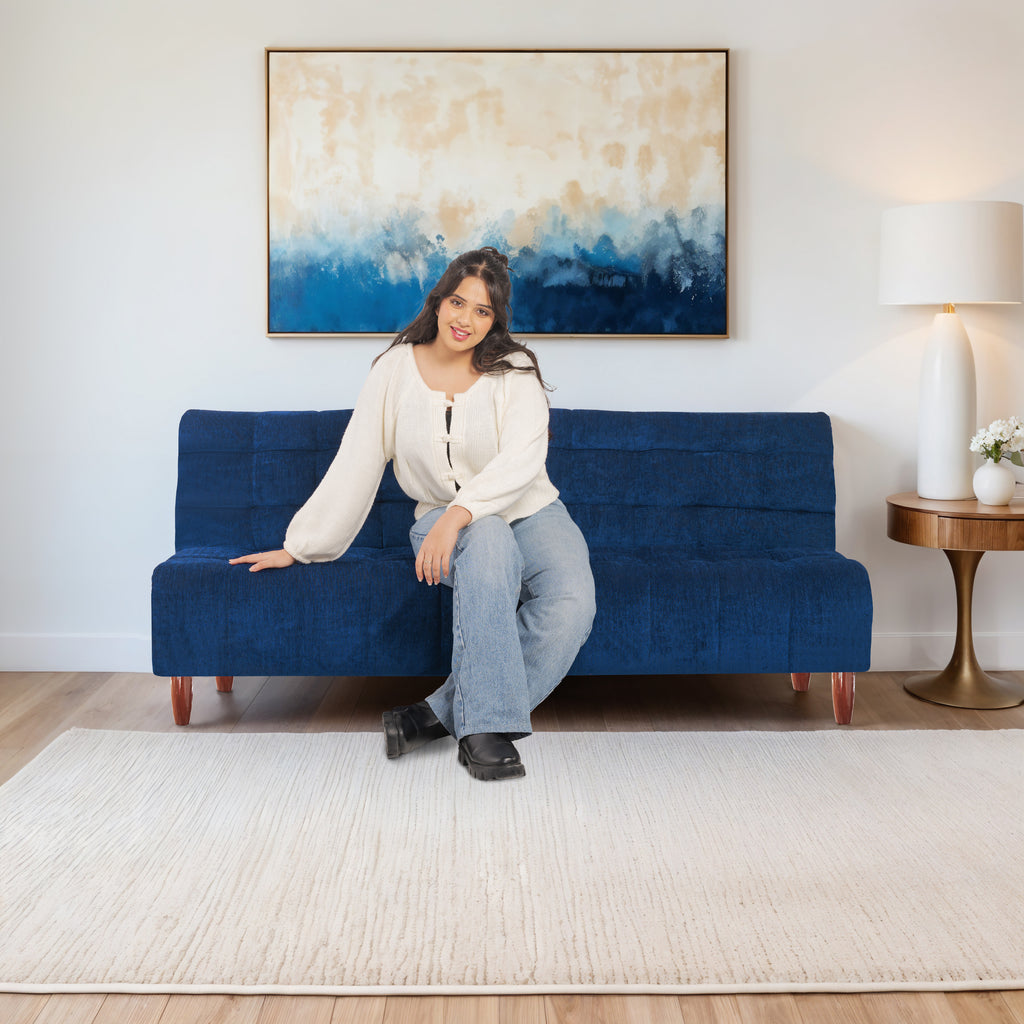 Neo Florida 3 Seater Wooden Sofa Cum Bed - ( Premium Molfino Fabric- Blue )