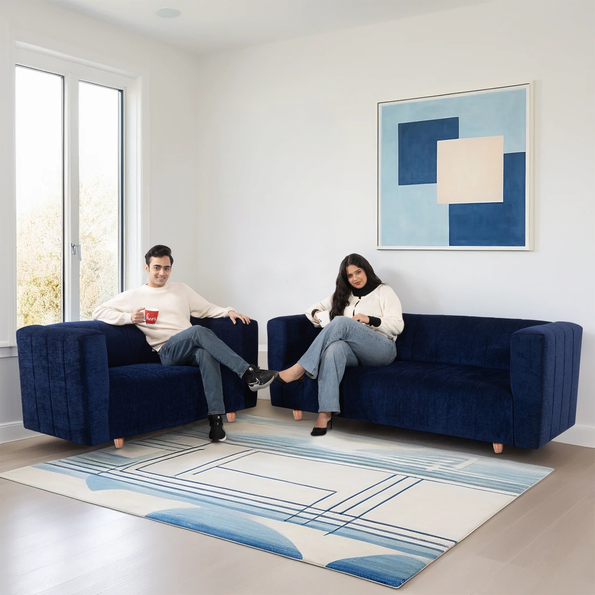 Tokyo 5 Seater Sofa- (3+2) ( Premium Molfino Fabric - Blue)