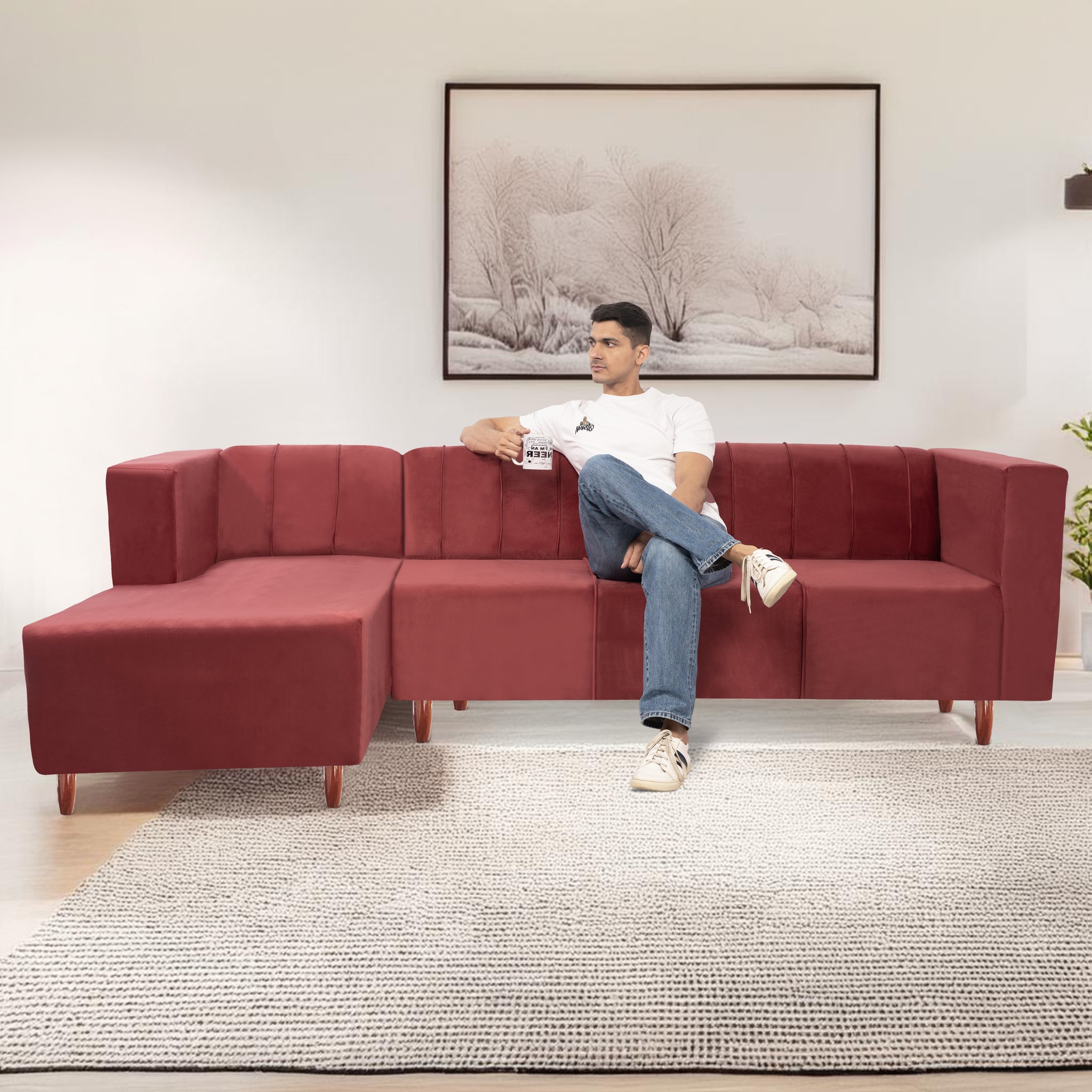 Sydney 6 Seater Sofa Left Corner- ( Polyster Holland Fabric- Maroon)