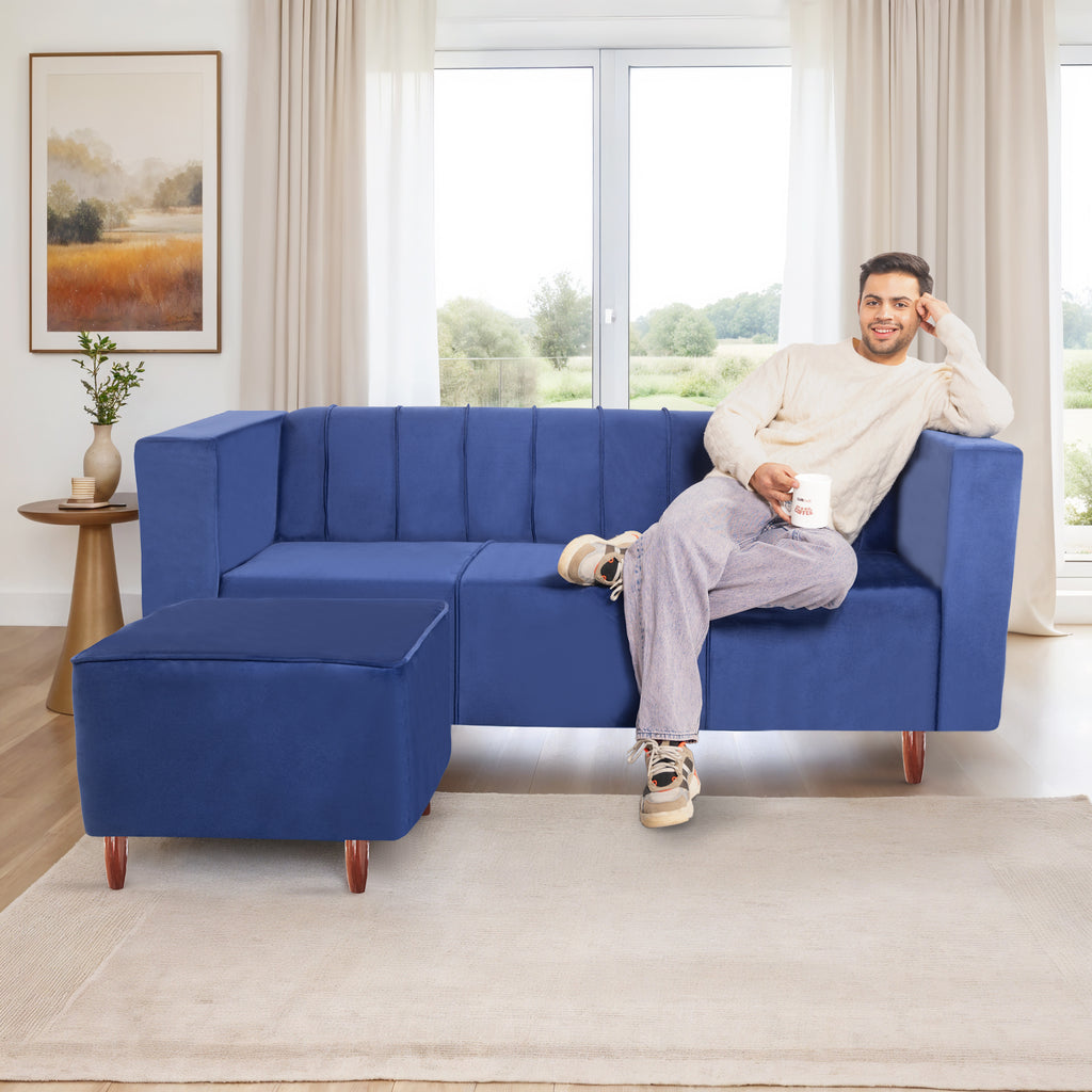 Sydney 4 Seater Sofa with Ottoman- ( Premium Holland Fabric- Blue )