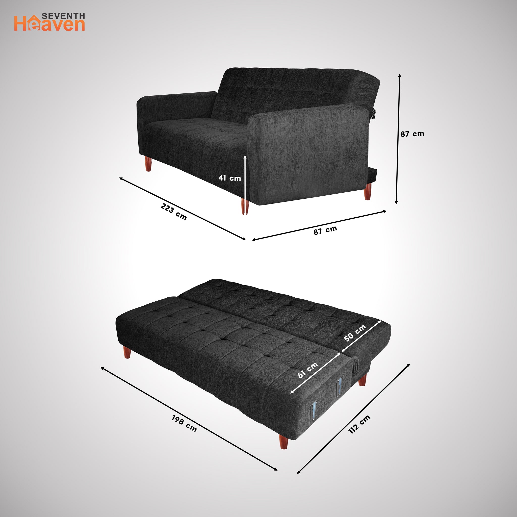Lisbon  4 Seater Wooden Sofa Cum Bed - ( Premium Molfino Fabric - Black)