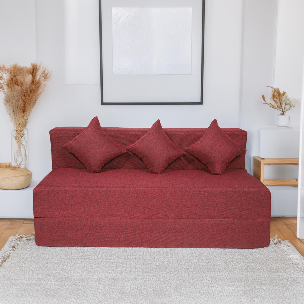 Seventh Heaven 4 Seater 6×6  Premium Jute Fabric Washable Cover Sofa cum Bed 4 Seater Double Foam Fold Out Sofa  Bed With 3 Same Cushions (Finish Color - Maroon Delivery Condition - Pre-assembled)