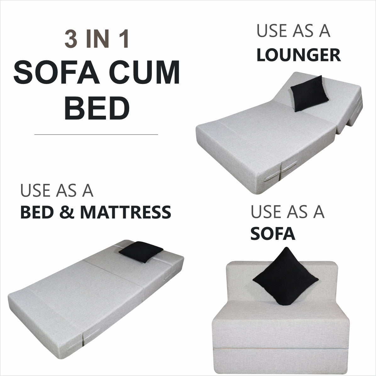 Rejoice Sofa Cum Bed - 1 Seater Black Cushion ( Jute Fabric,  Grey )