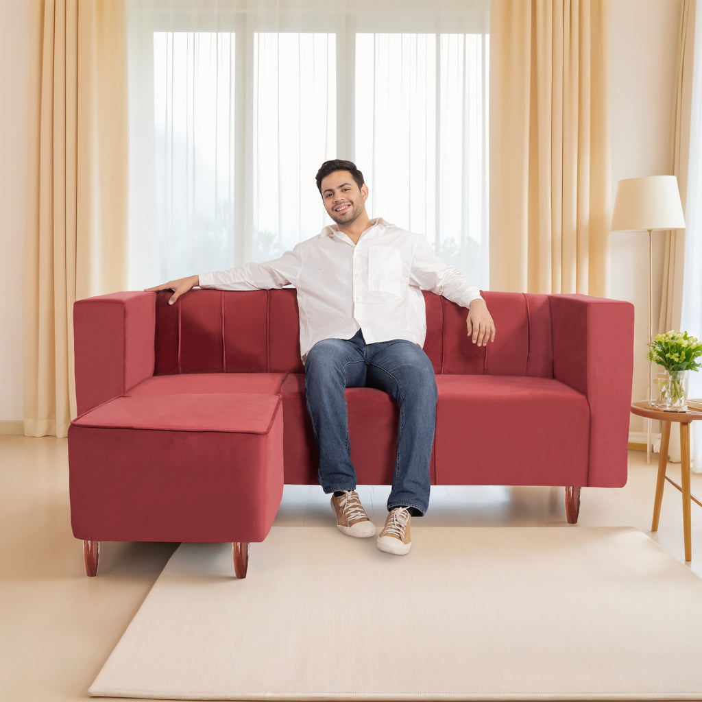 Sydney 4 Seater Sofa with Ottoman- ( Premium Holland Fabric- Maroon )