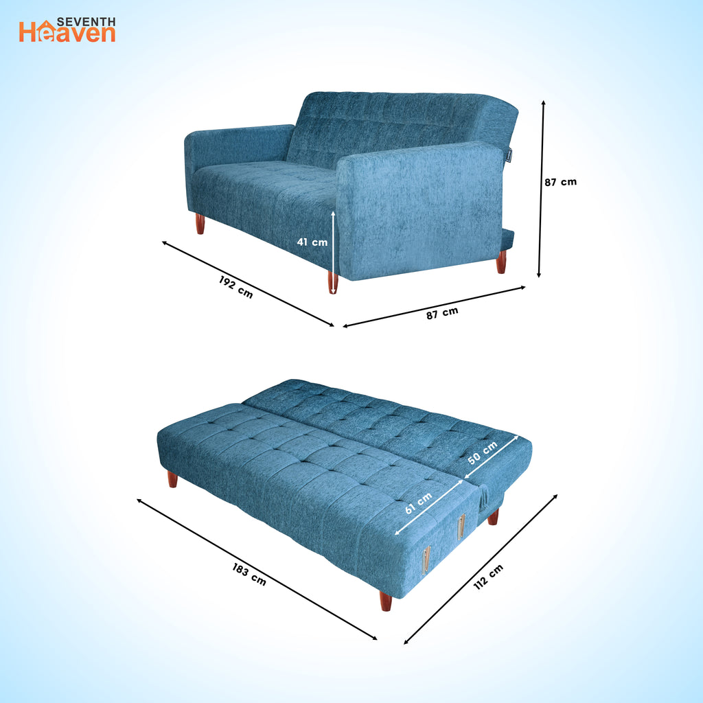 Lisbon 3 Seater Wooden Sofa Cum Bed - ( Premium Molfino Fabric- Sky Blue )