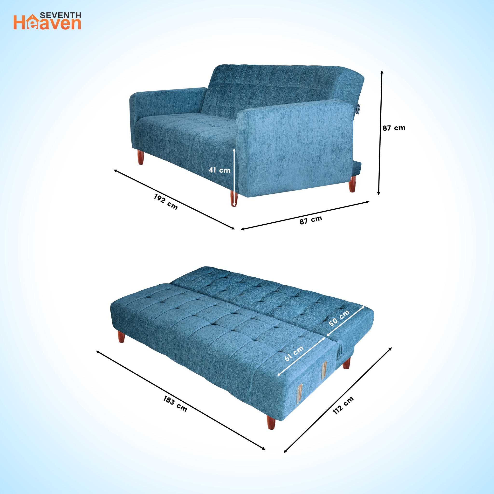 Lisbon 3 Seater Wooden Sofa Cum Bed - ( Premium Molfino Fabric- Sky Blue )