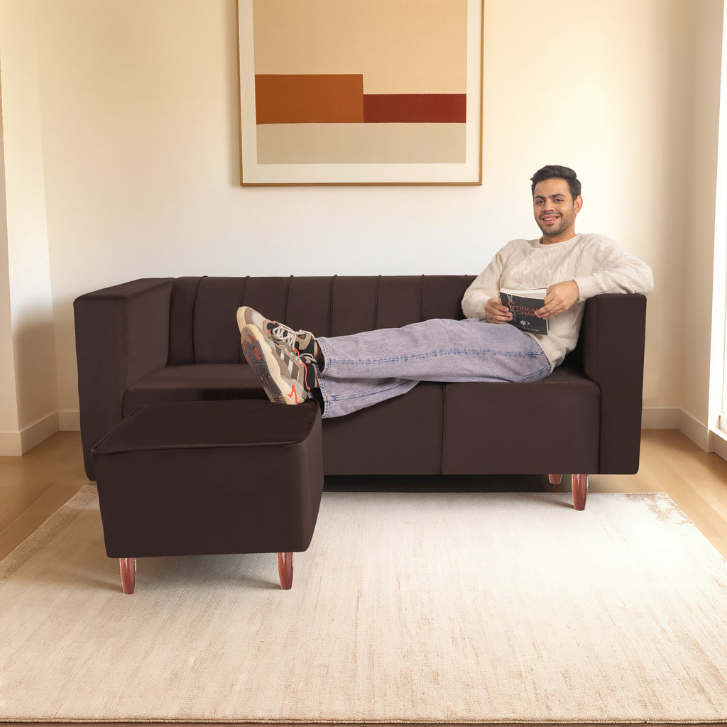 Sydney 4 Seater Sofa with Ottoman- ( Premium Holland Fabric- Brown )