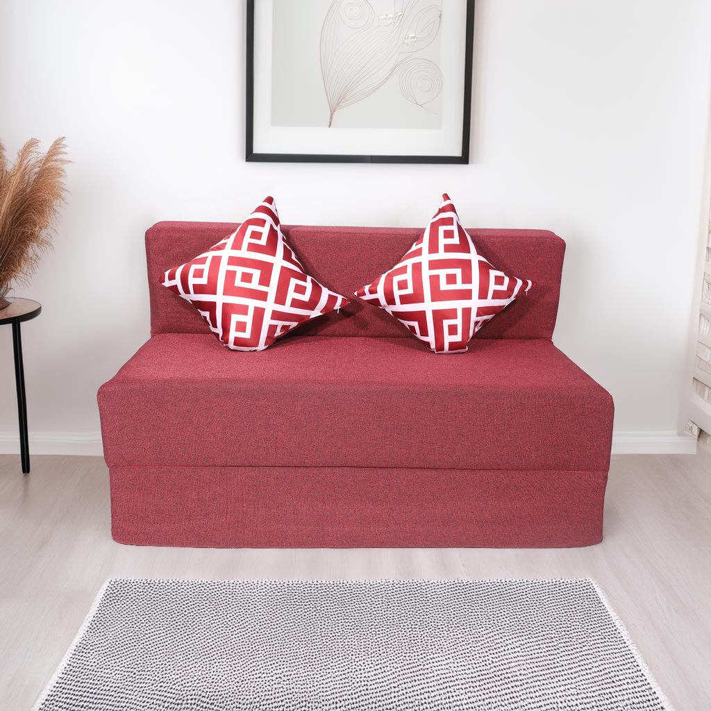 Seventh Heaven 2 Seater 6×4  Premium Jute Fabric Washable Cover Sofa cum Bed 2 Seater Double Foam Fold Out Sofa  Bed With 2 Printed Cushions (Finish Color - Maroon Delivery Condition - Pre-assembled)