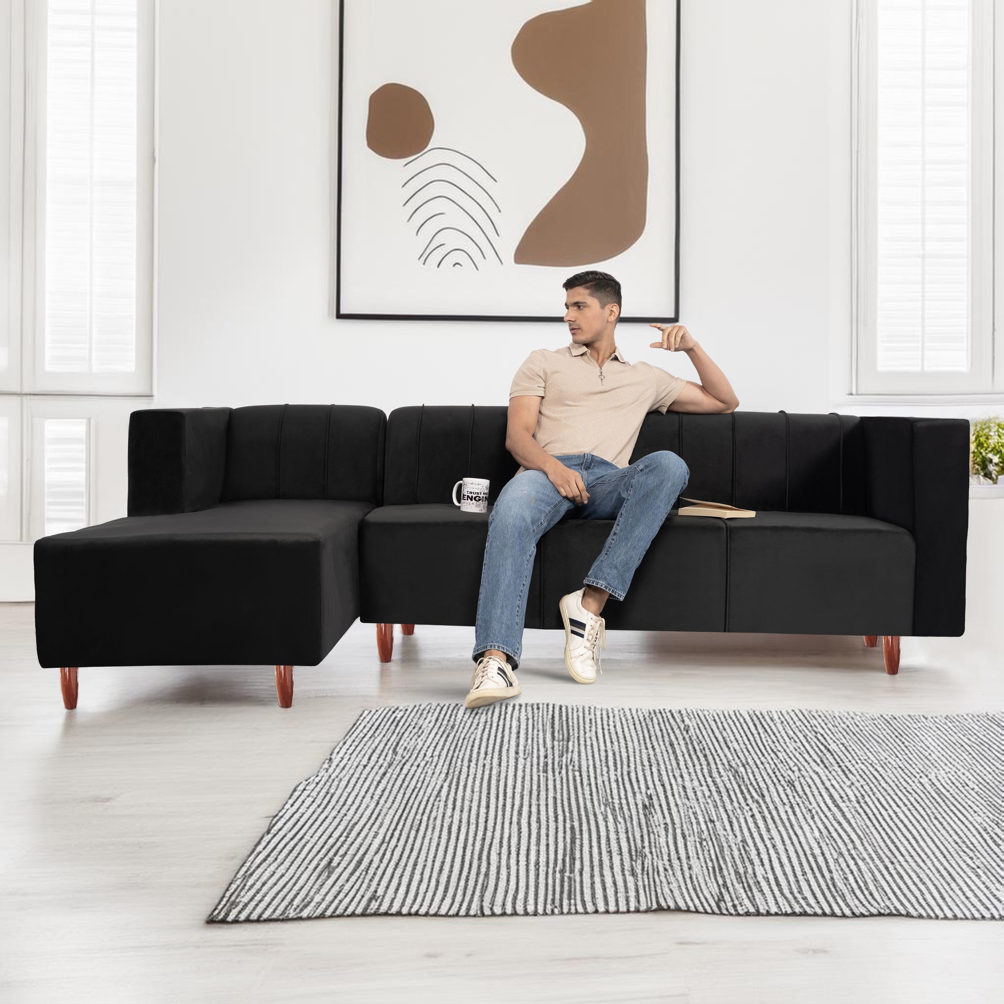 Sydney 6 Seater Sofa Left Corner- ( Polyster Holland Fabric- Black )