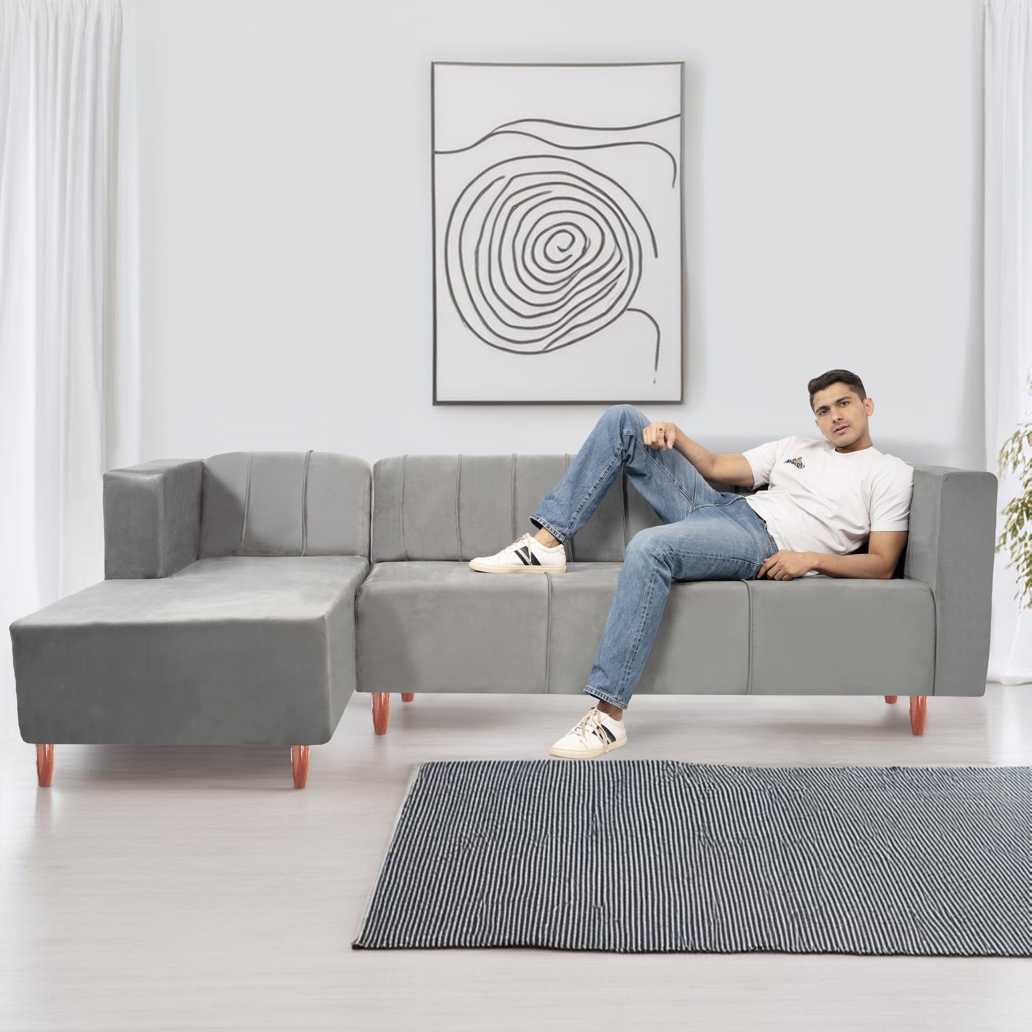 Sydney 6 Seater Sofa Left Corner- ( Polyster Holland Fabric- Grey)