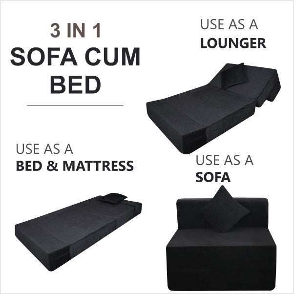 Rejoice Sofa Cum Bed - 1 Seater, Plain Cushion ( Premium Molfino Fabric, Blackl )