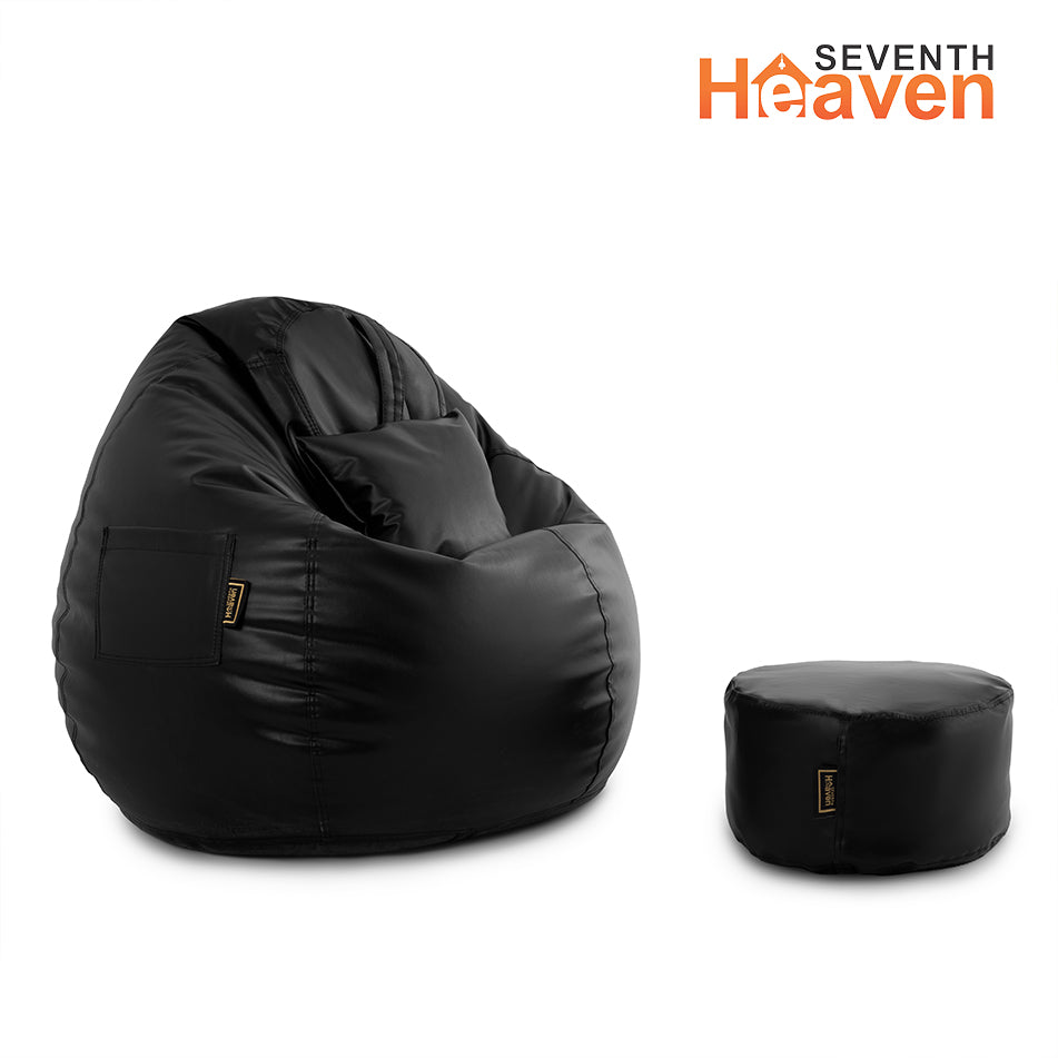 Seventh Heaven 4XL Filled Bean Bag with Cushion and Footrest - Scratch Resistant Premium Leatherite Bean Bag Chair With Bean Filling  (Black)