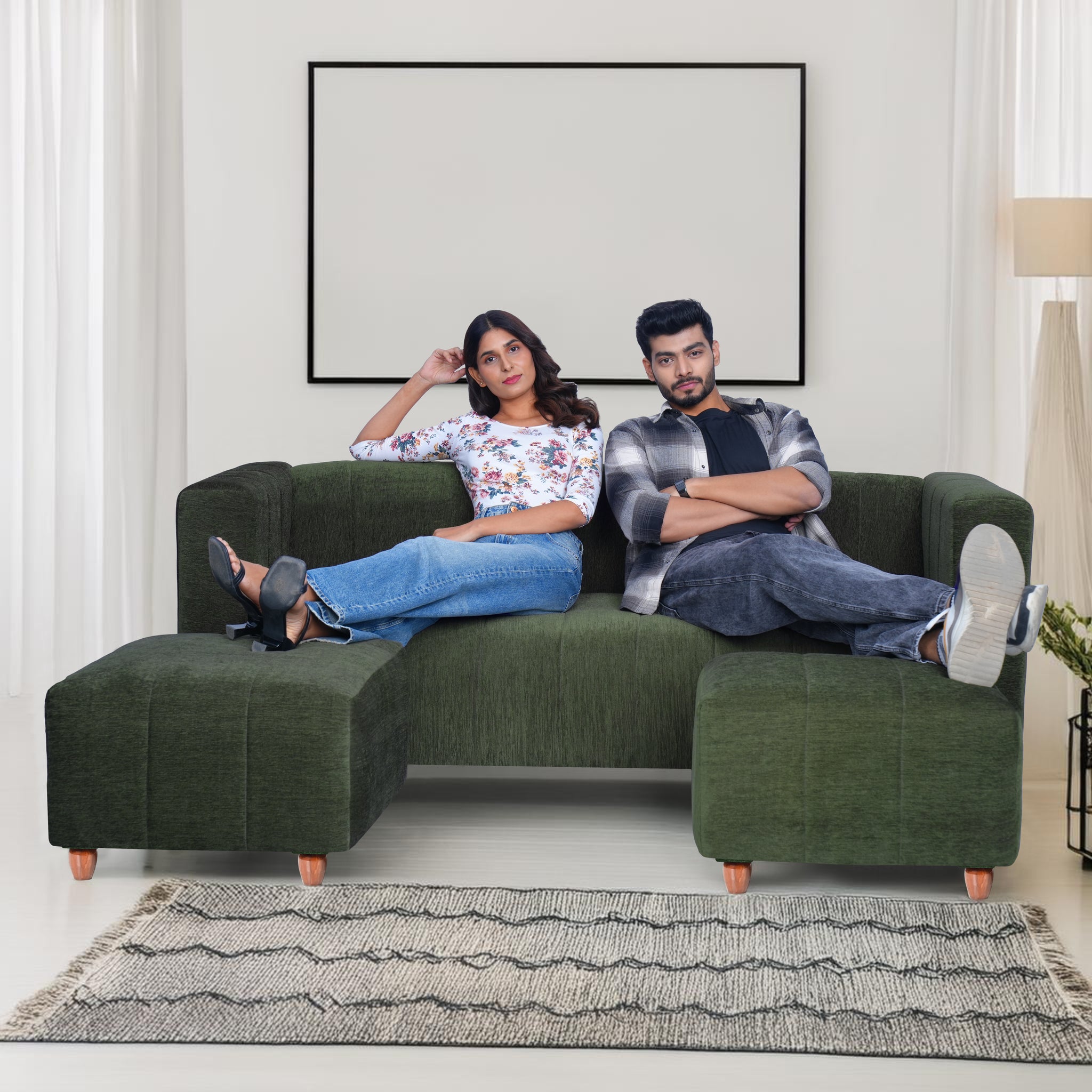 Tokyo 5 Seater Sofa with 2 Ottomans- ( Premium Molfino Fabric- Green )