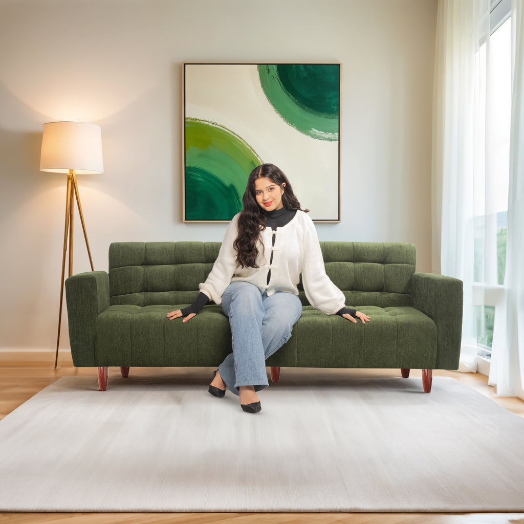 Lisbon Neo 4 Seater Wooden Sofa Cum Bed - ( Premium Molfino Fabric- Green)
