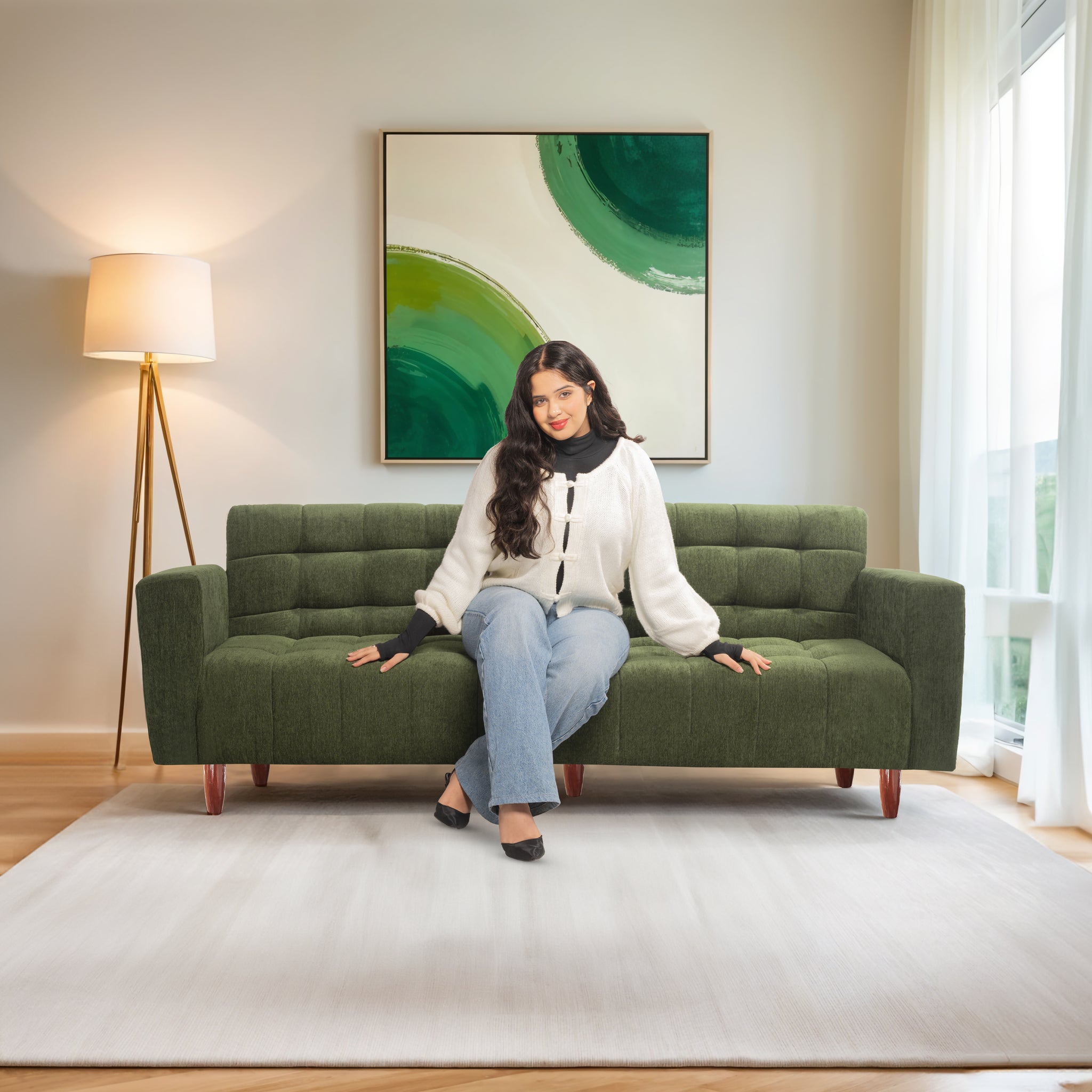 Lisbon Neo 4 Seater Wooden Sofa Cum Bed - ( Premium Molfino Fabric- Green)