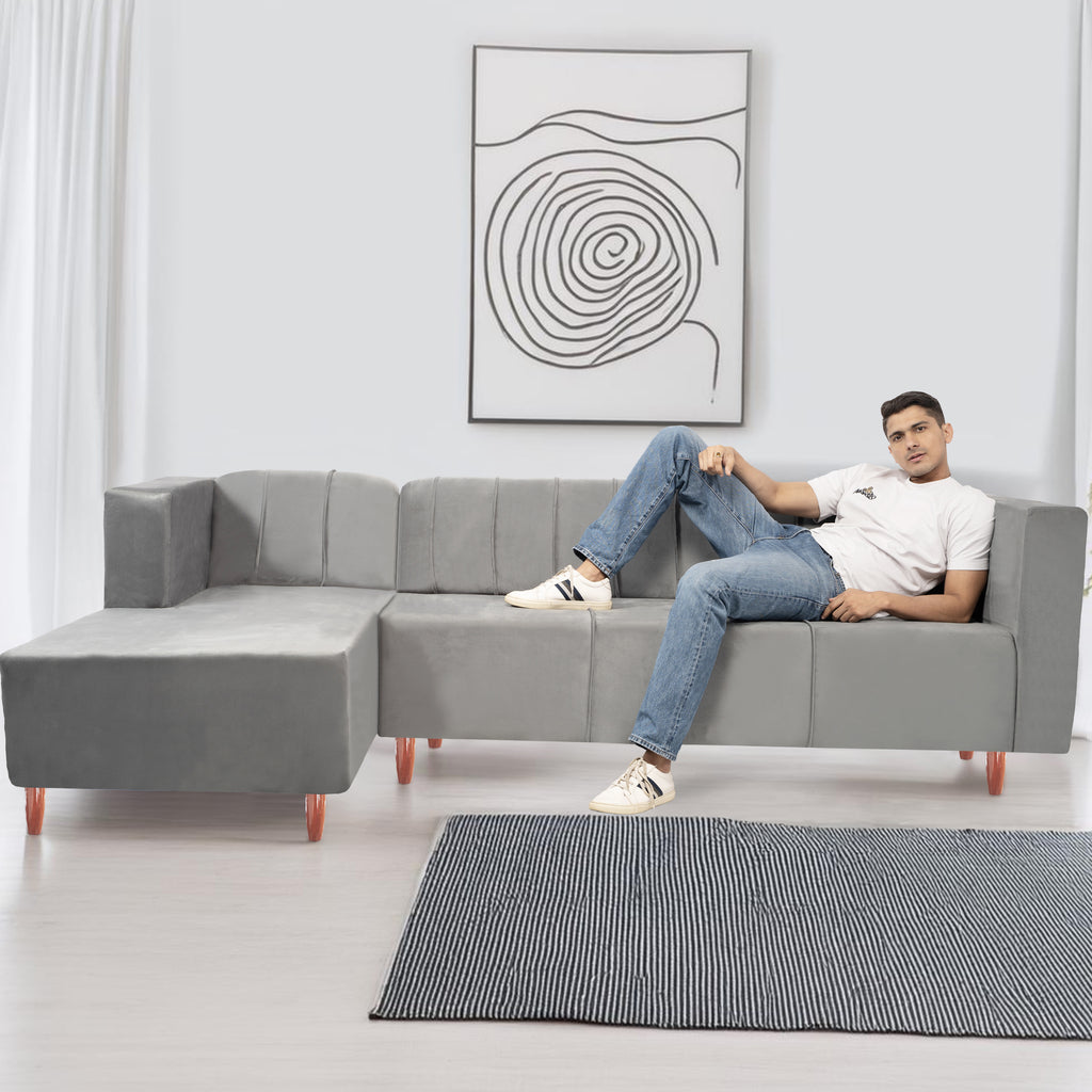 Sydney 6 Seater sofa left corner- ( Plush Suede Fabric- Grey )