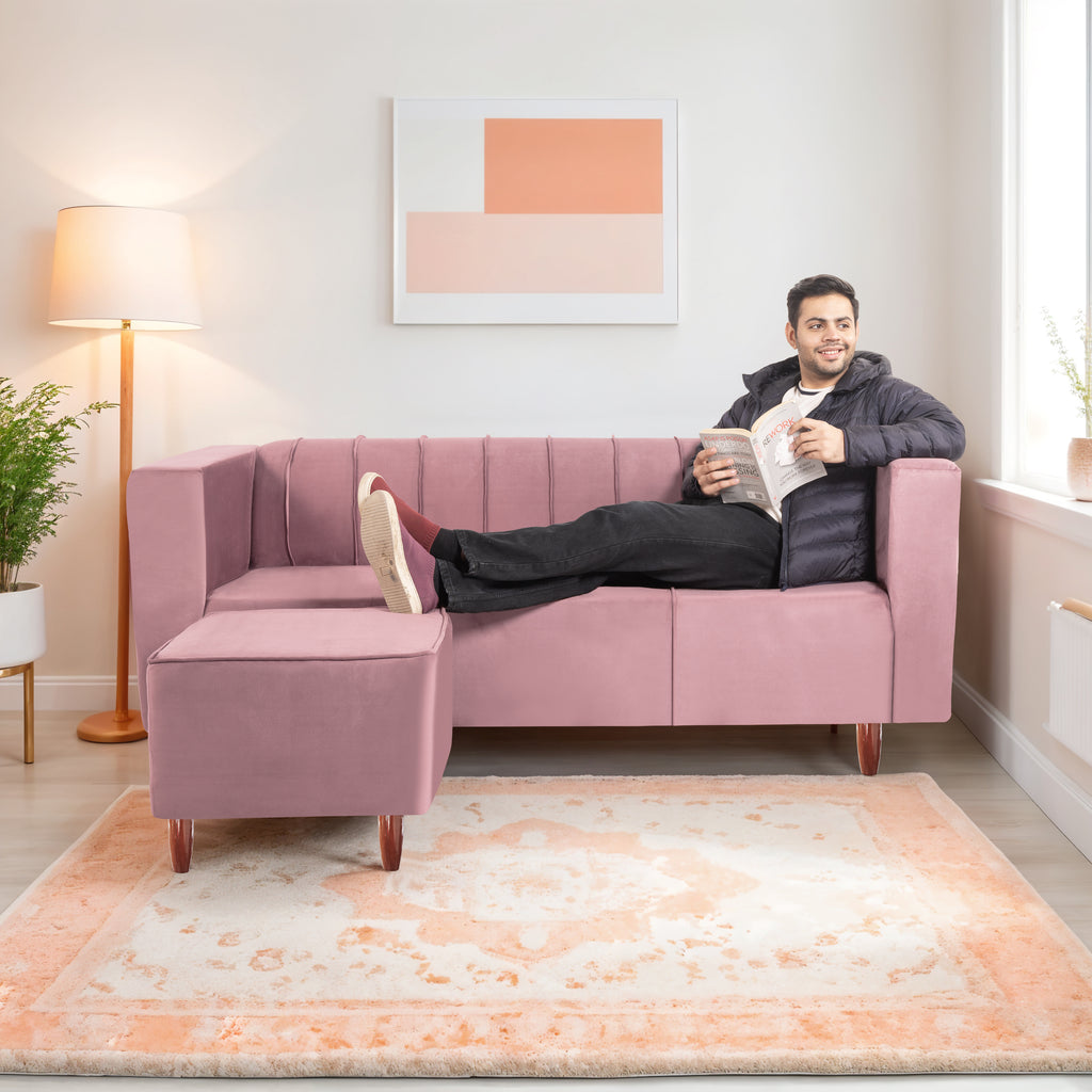 Sydney 4 Seater Sofa with Ottoman- ( Premium Holland Fabric- Peach )