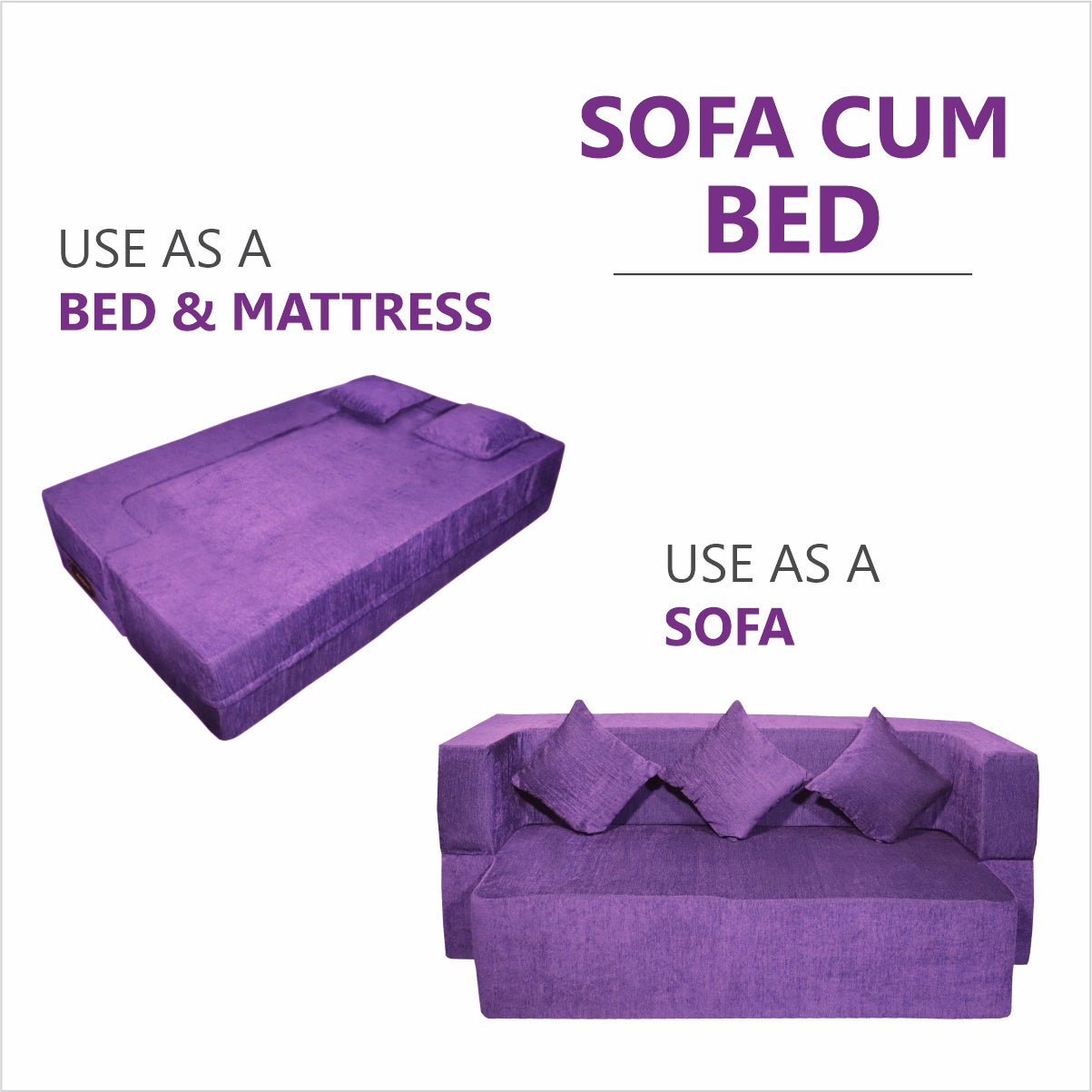 Flipper X Sofa Cum Bed - 3  Seater, Plain Cushion ( Premium Molfino Fabric, Purple)