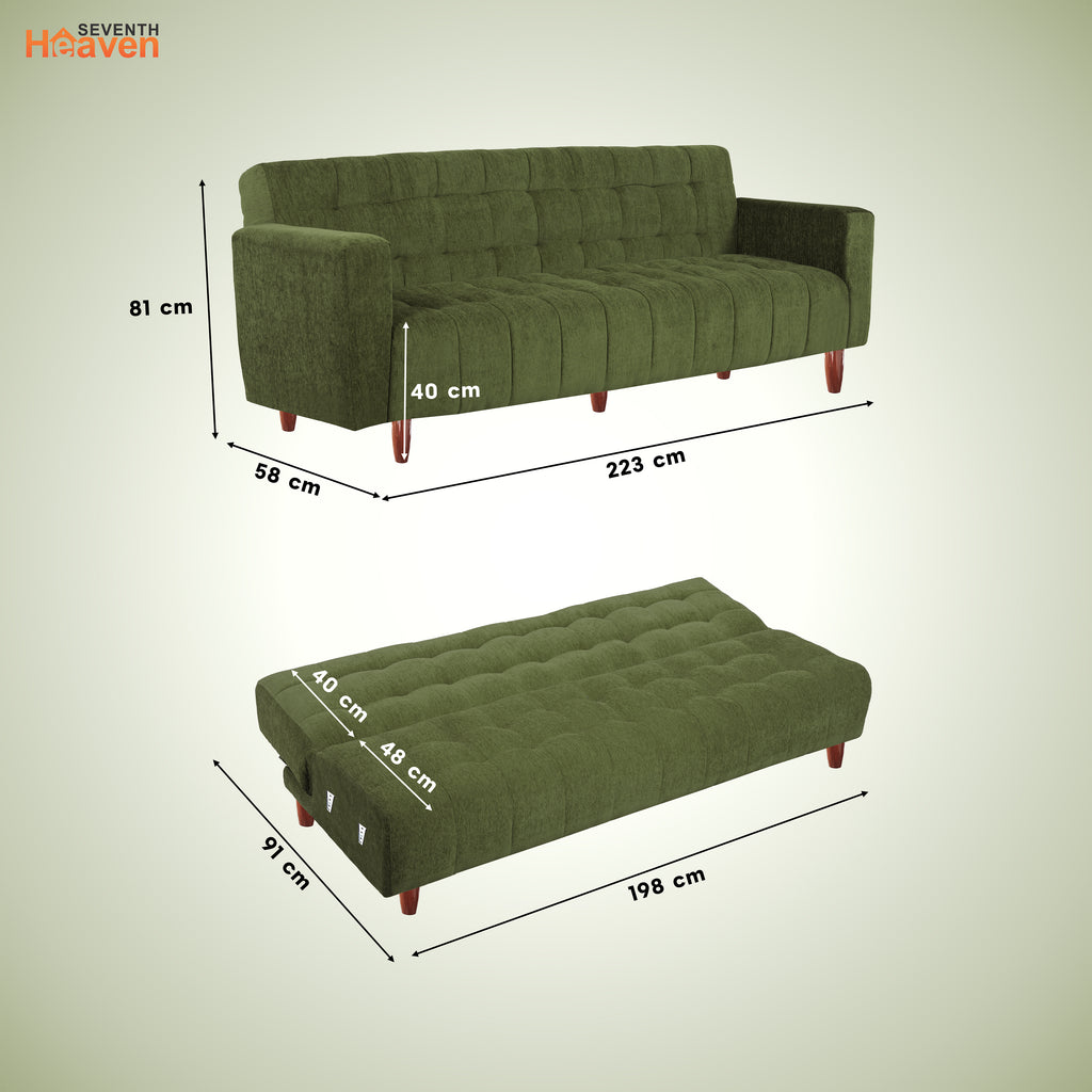 Lisbon Neo 4 Seater Wooden Sofa Cum Bed - ( Premium Molfino Fabric- Green)
