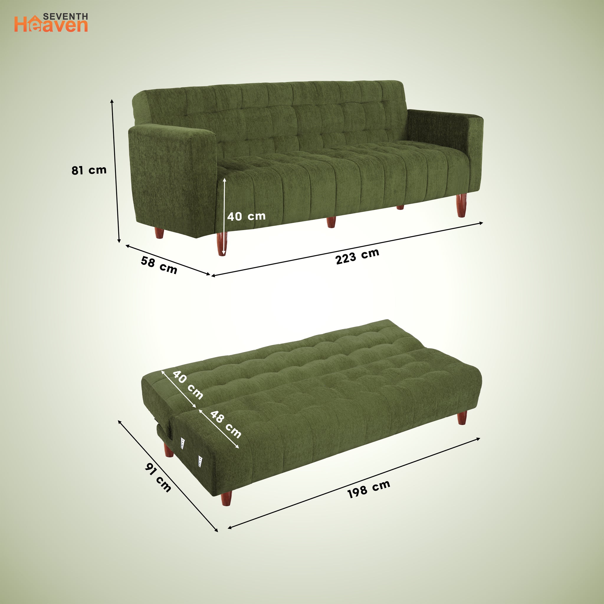 Lisbon Neo 4 Seater Wooden Sofa Cum Bed - ( Premium Molfino Fabric- Green)