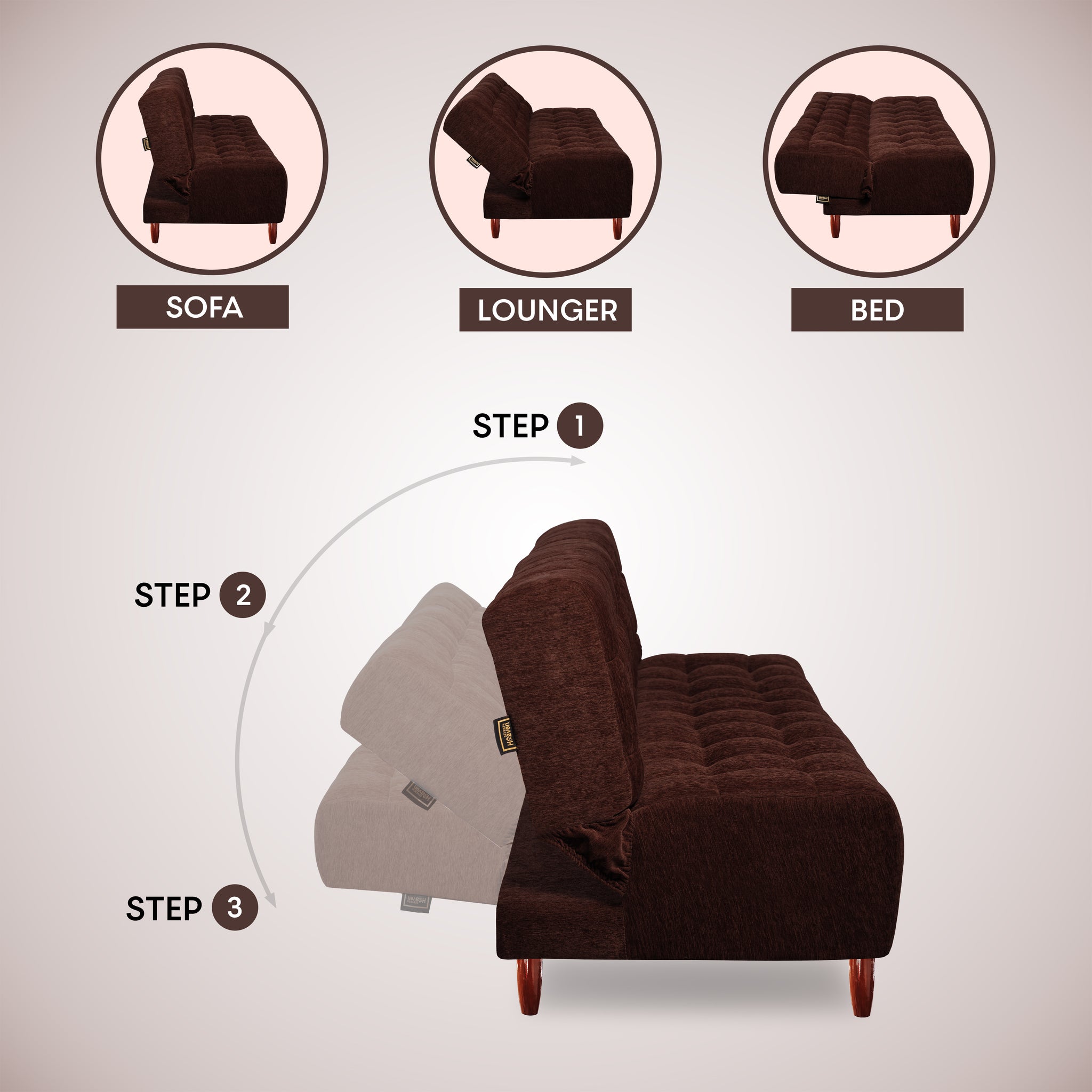 Florida 3 Seater Wooden Sofa Cum Bed - ( Premium Molfino Fabric- Brown )