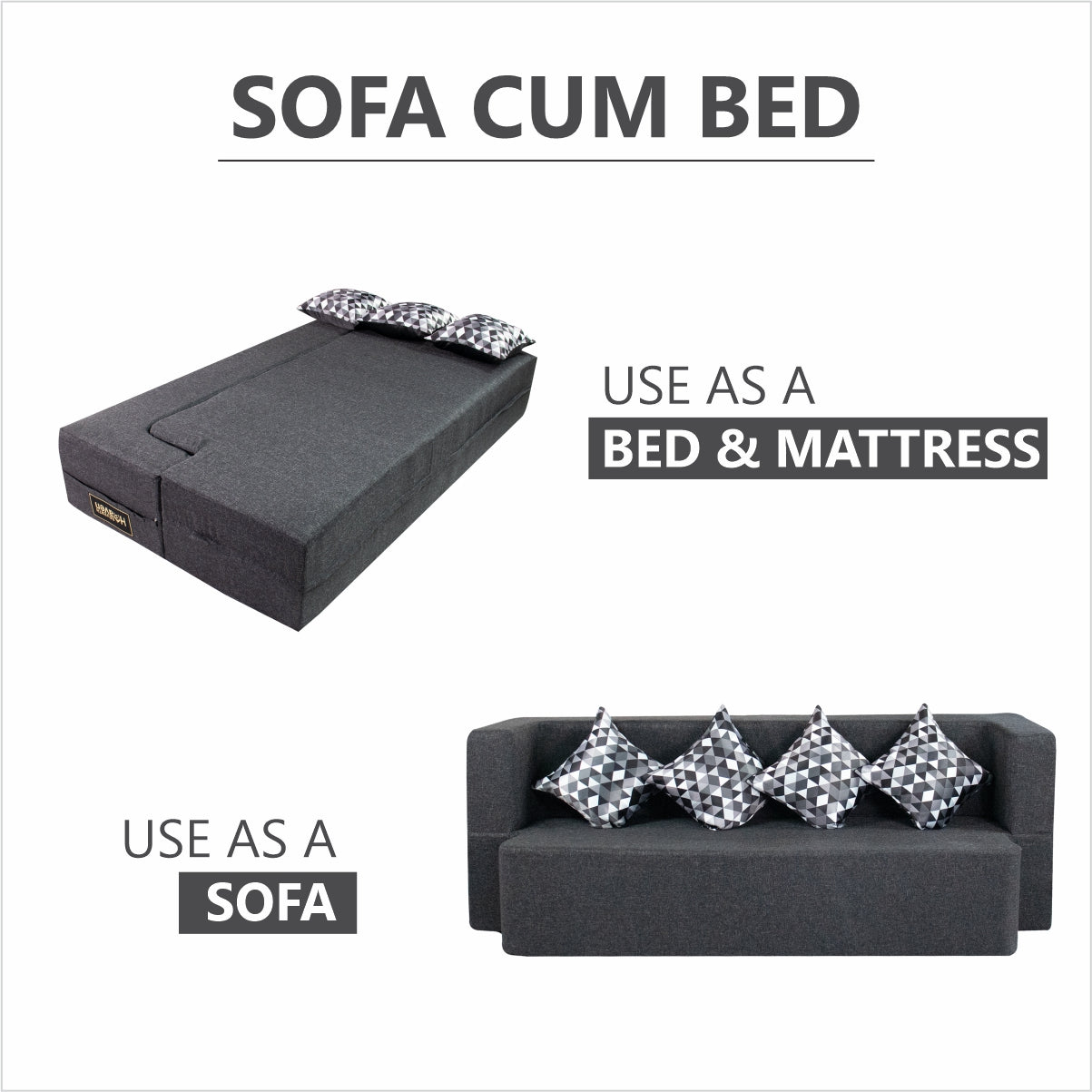 Flipper X Sofa Cum Bed - 3 Seater, Printed Cushion ( Jute Fabric, Dark Grey )